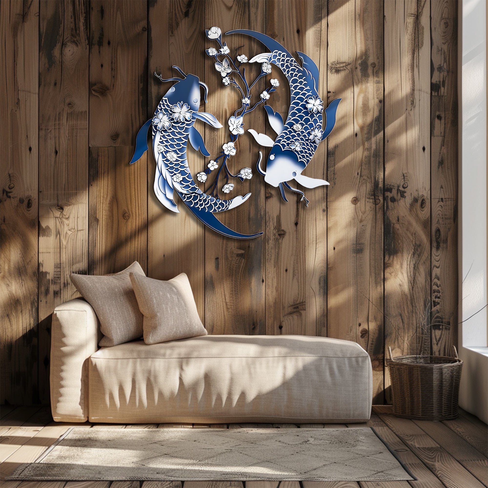 Blue Koi Fish Metal Wall Art – UV Printed Aluminum Japanese Zen Decor Indoor Outdoor