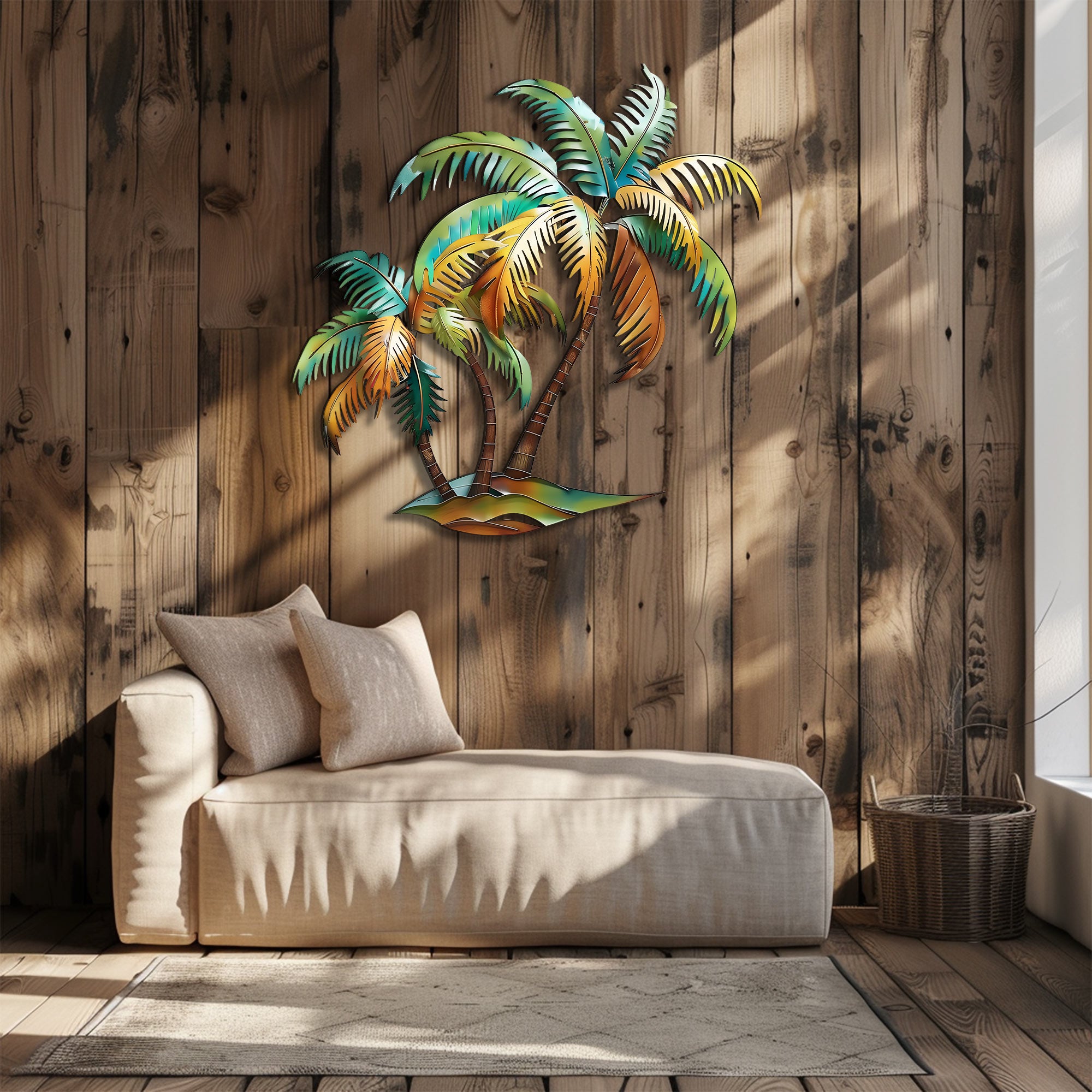 Palm Tree Metal Wall Art Sunset Beach Decor – Coastal Island Wall Hanging Rustic Summer Wall Art Home Decor V1