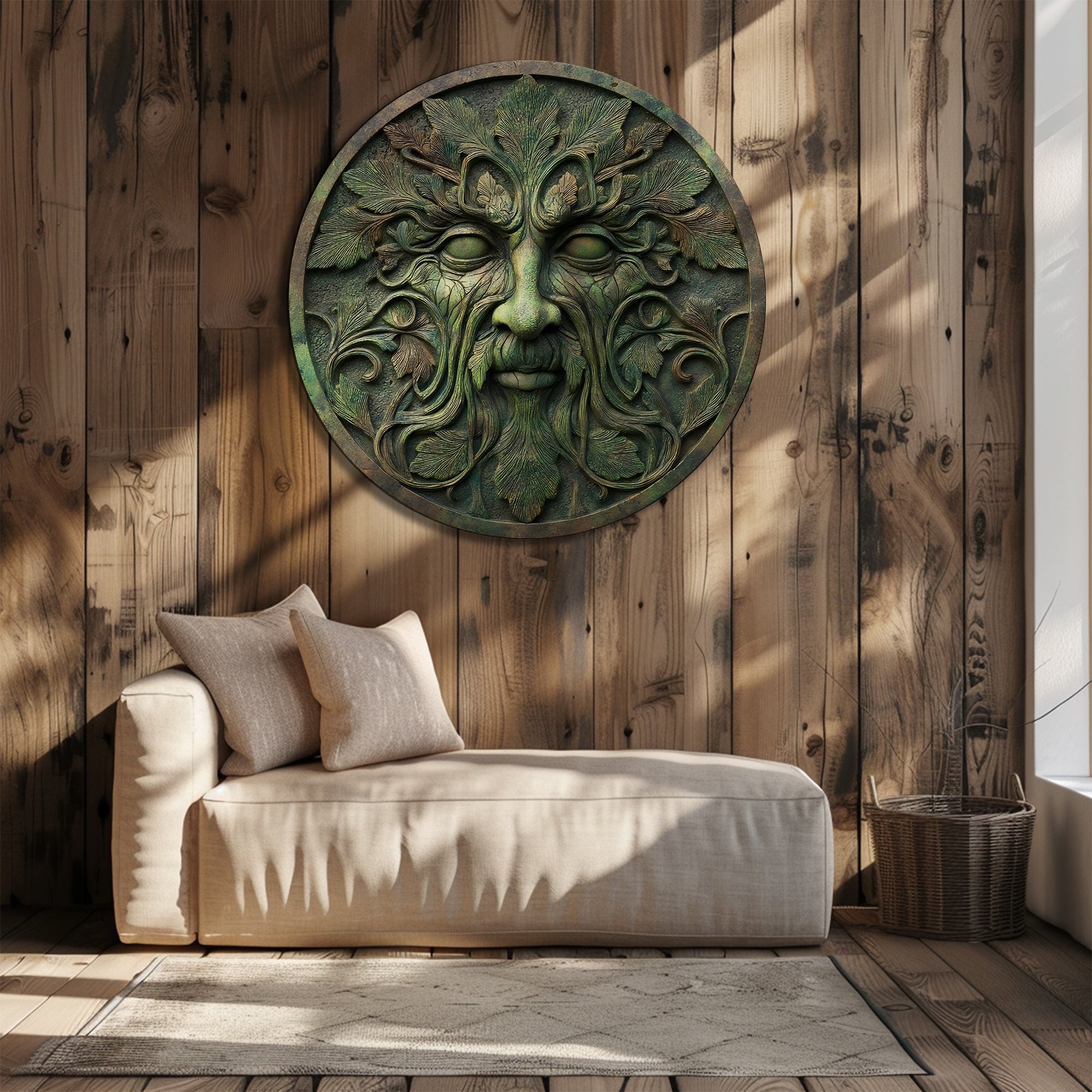 Green Man Face Metal Wall Art – UV Printed Aluminum Forest Spirit Garden Decor Indoor Outdoor