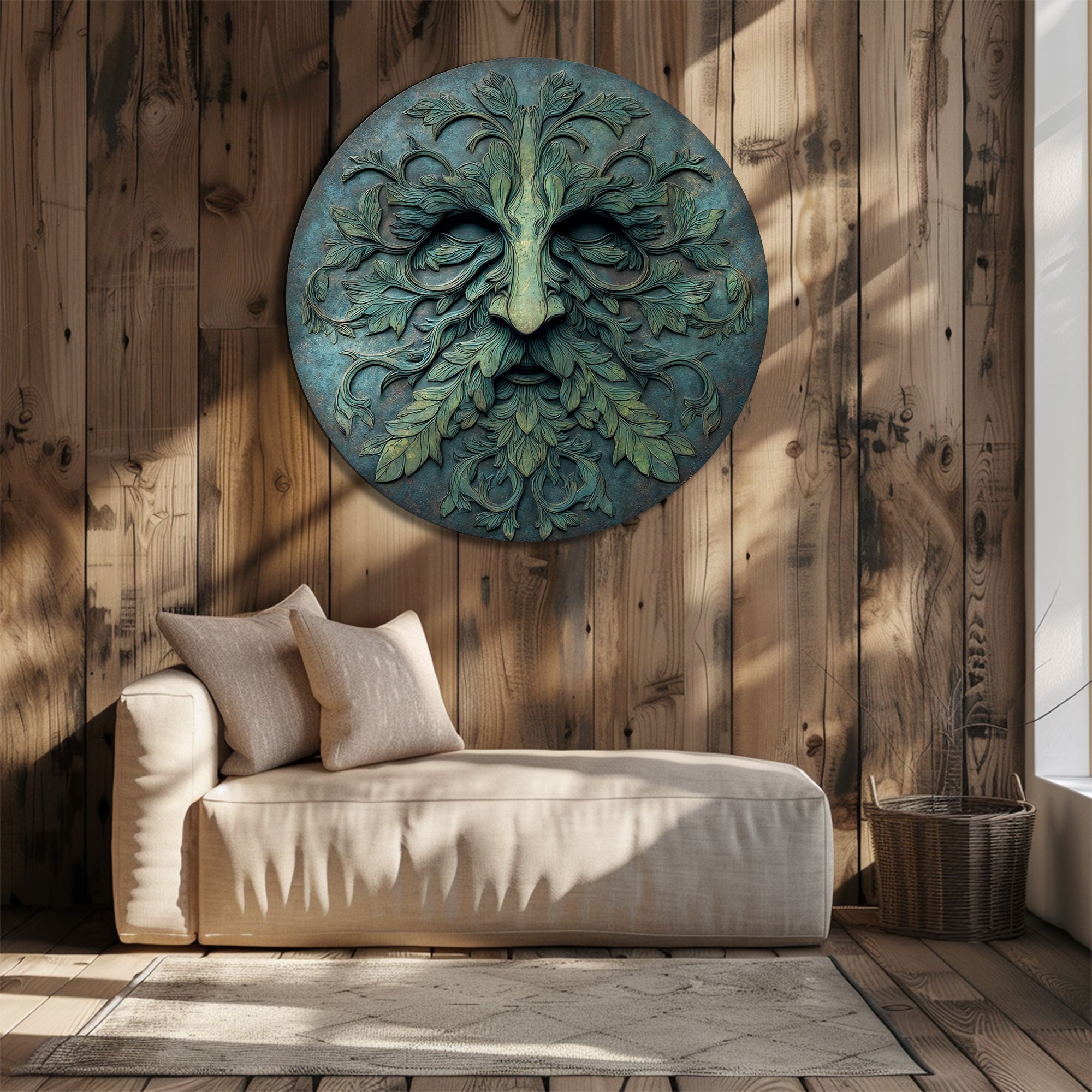 Green Man Face Metal Wall Art – UV Printed Aluminum Forest Spirit Garden Decor Indoor Outdoor V2