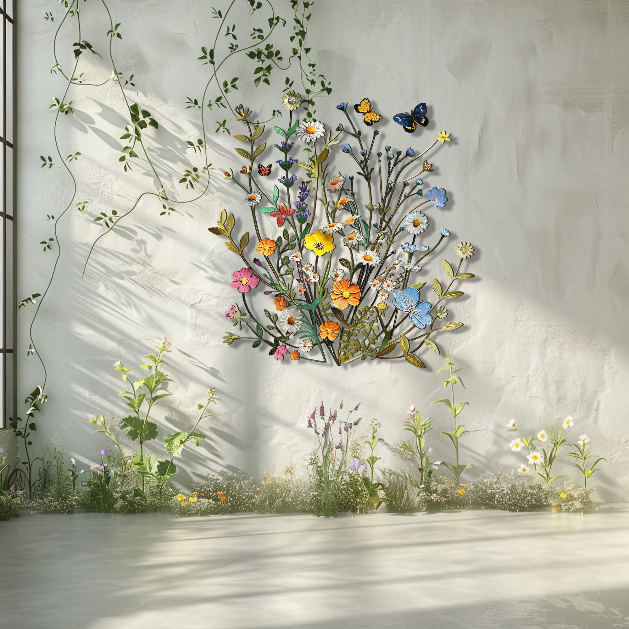 Wildflower Butterfly Metal Wall Art – Floral Nature Decor Garden Indoor Outdoor