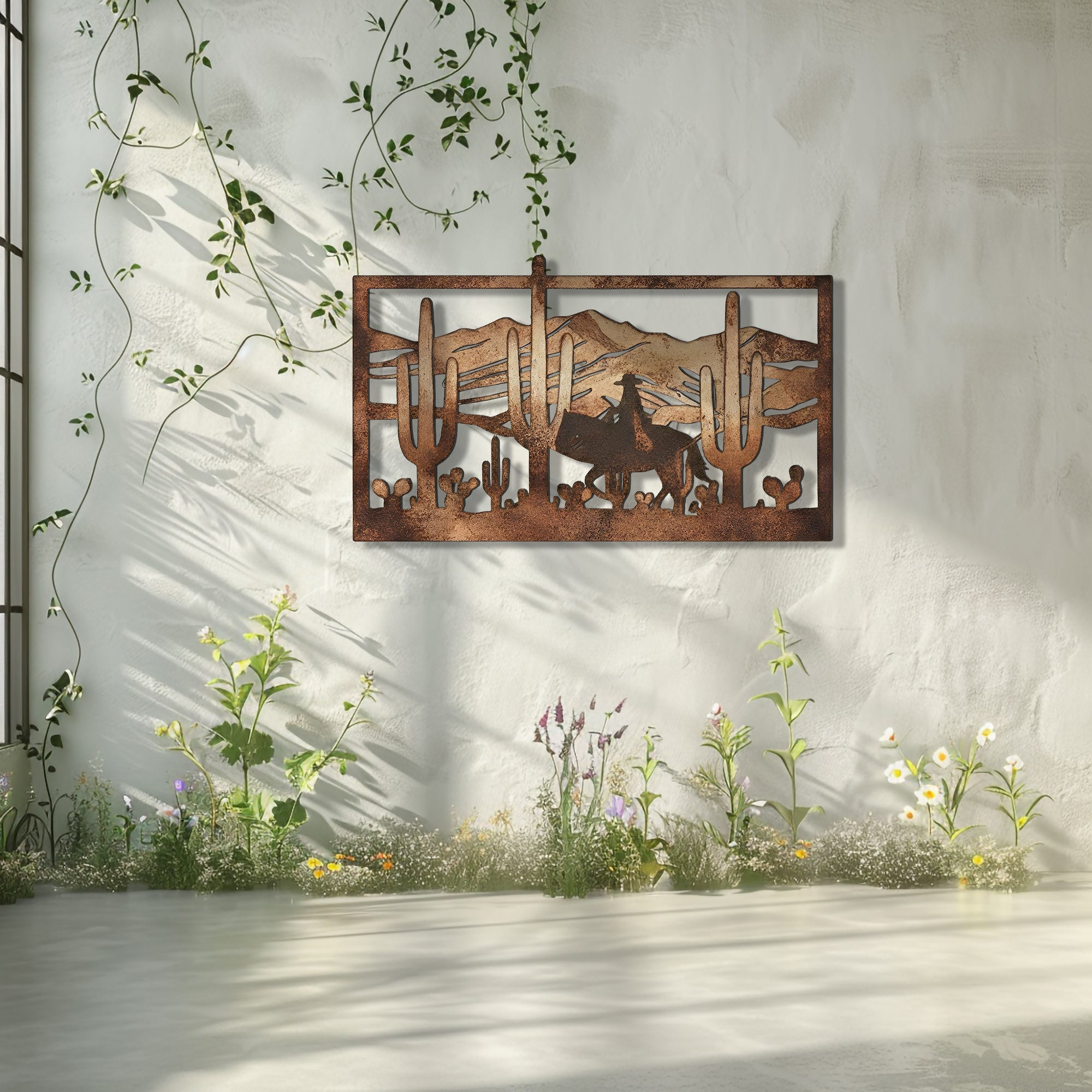 Western Cowboy Metal Wall Art – Desert Cactus Horse Decor Rustic Ranch Outdoor Indoor