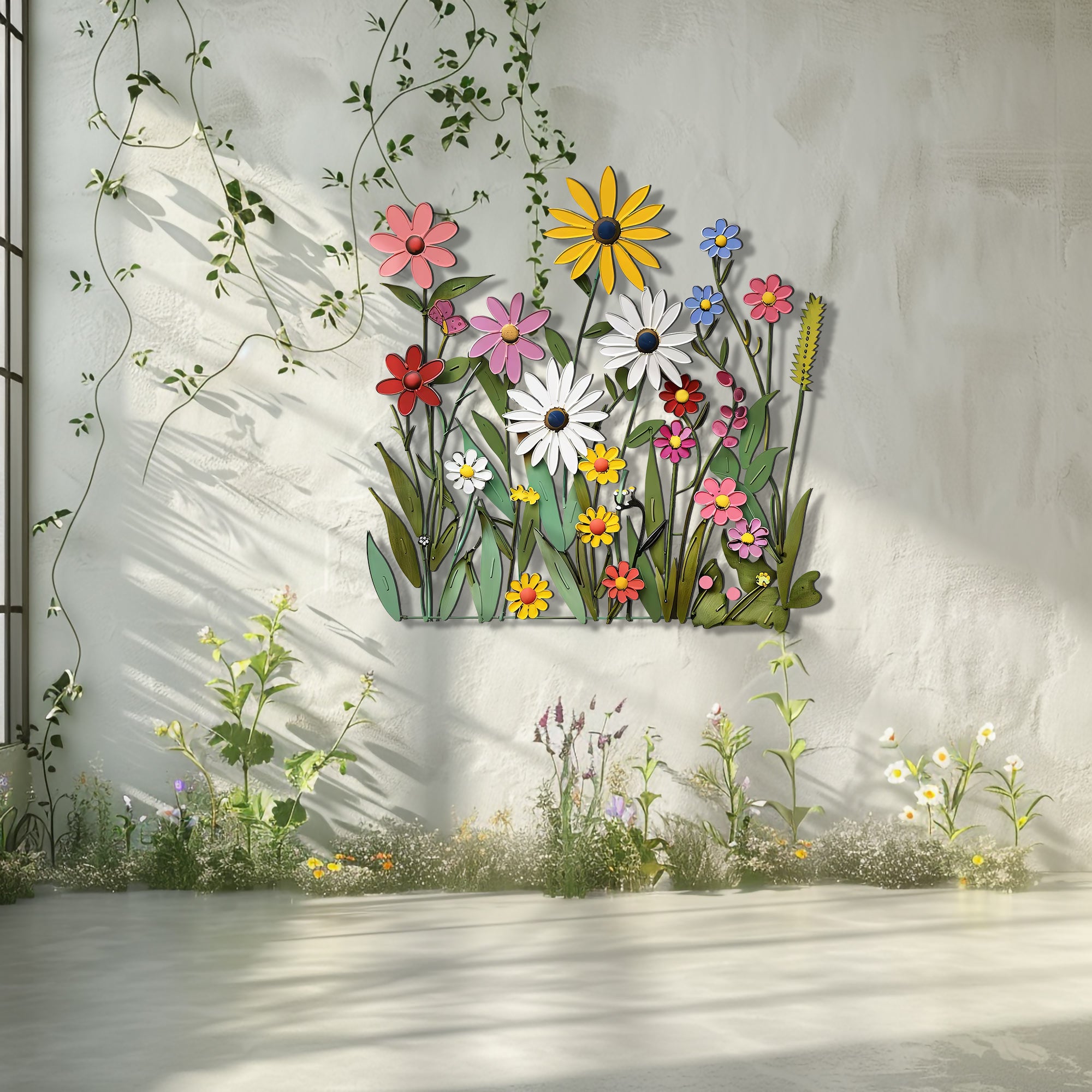 Wildflower Metal Wall Art Colorful Floral Decor – Rustic Garden Wall Hanging Cottagecore Farmhouse Wall Art