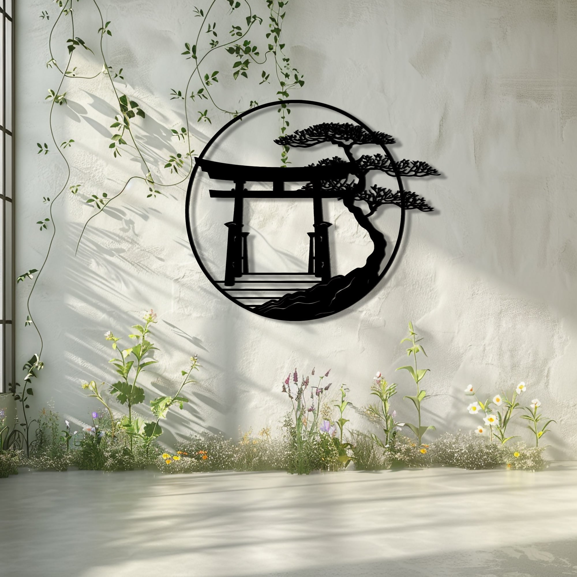 Japanese Torii Gate Metal Wall Art Zen Decor – Minimalist Asian Wall Hanging Bonsai Tree Home Decor