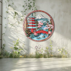 Japanese Pagoda Wall Art Sakura Landscape Decor – Asian Mountain Fuji Bridge Scene Metal Wall Decor Zen Home Decor