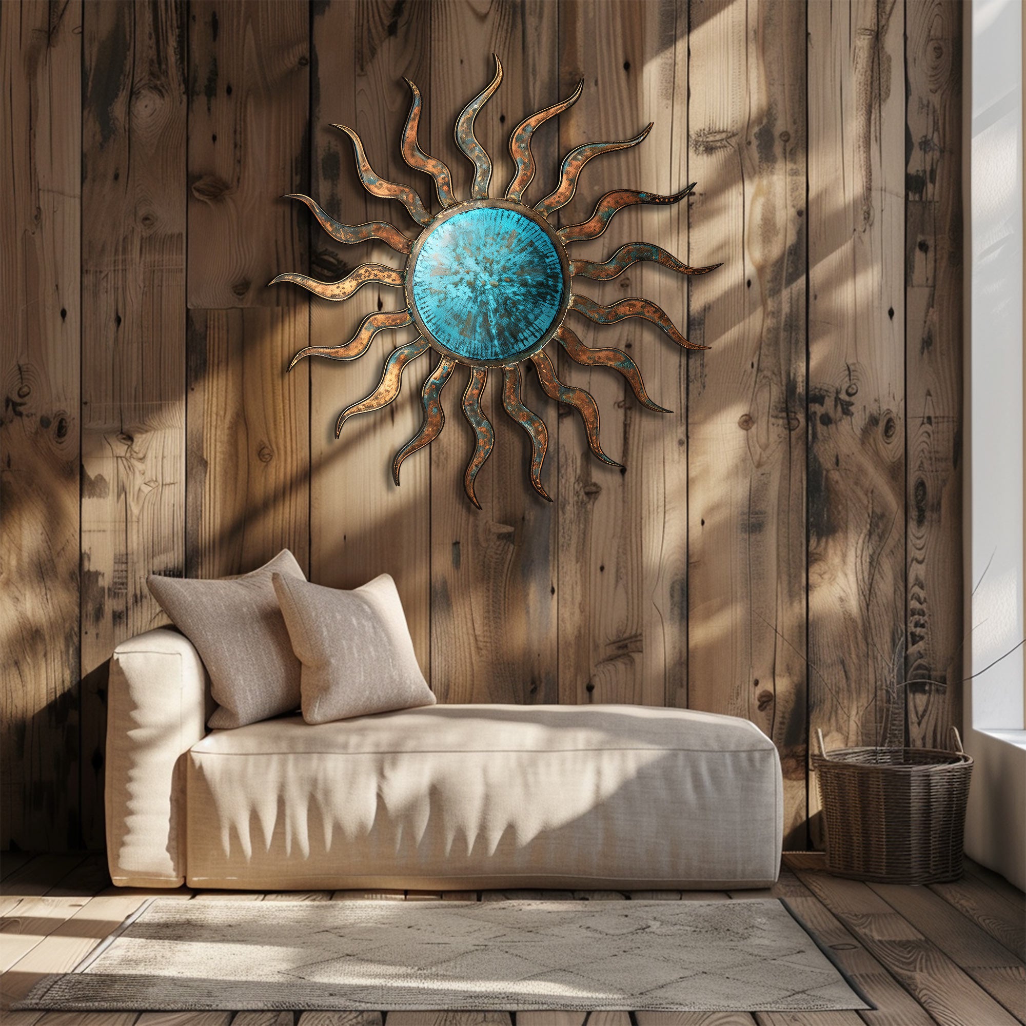 Turquoise Rustic Sun Metal Wall – UV Printed Aluminum Decor Custom Coastal Indoor Outdoor