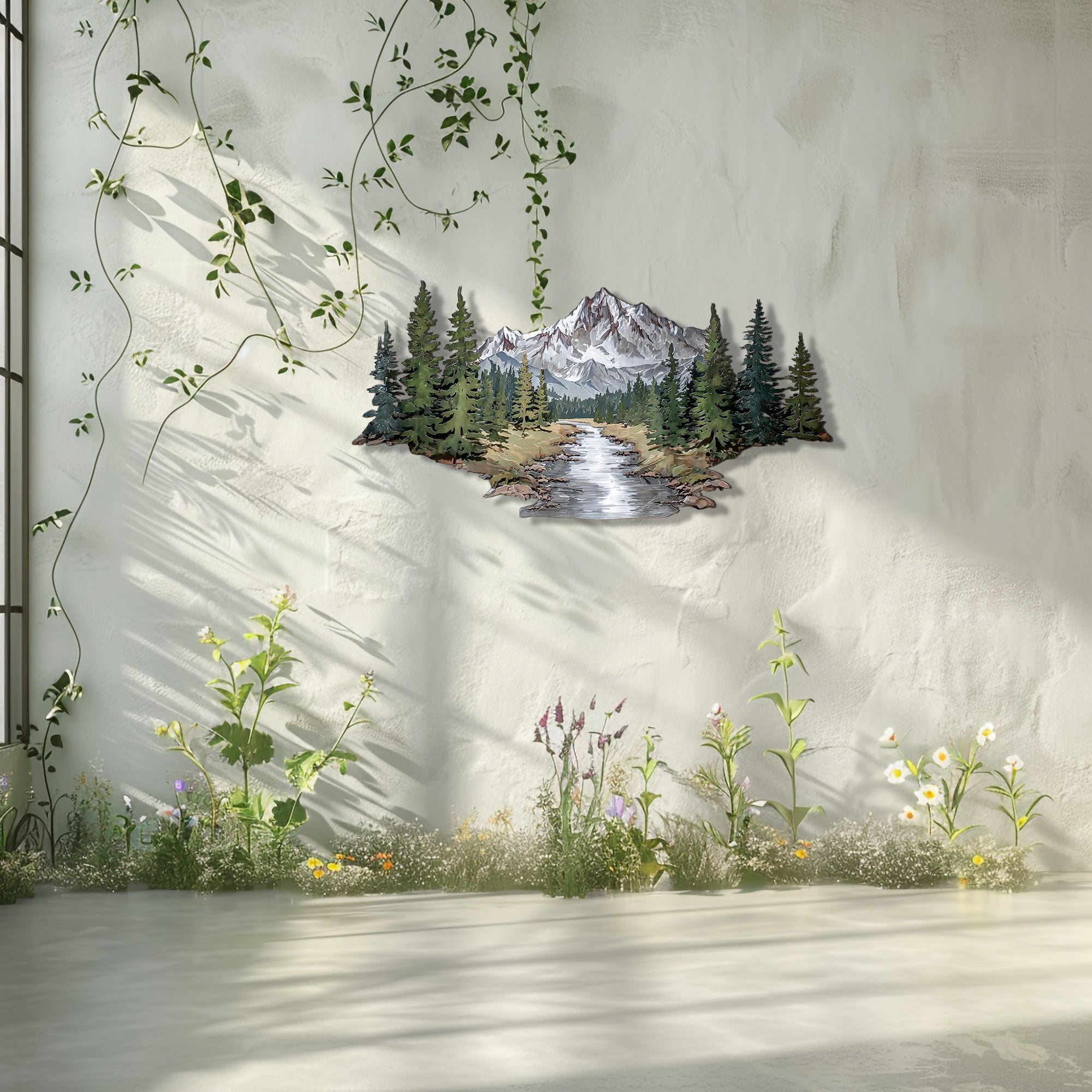 Mountain Wall Art – Forest River Landscape Metal Decor