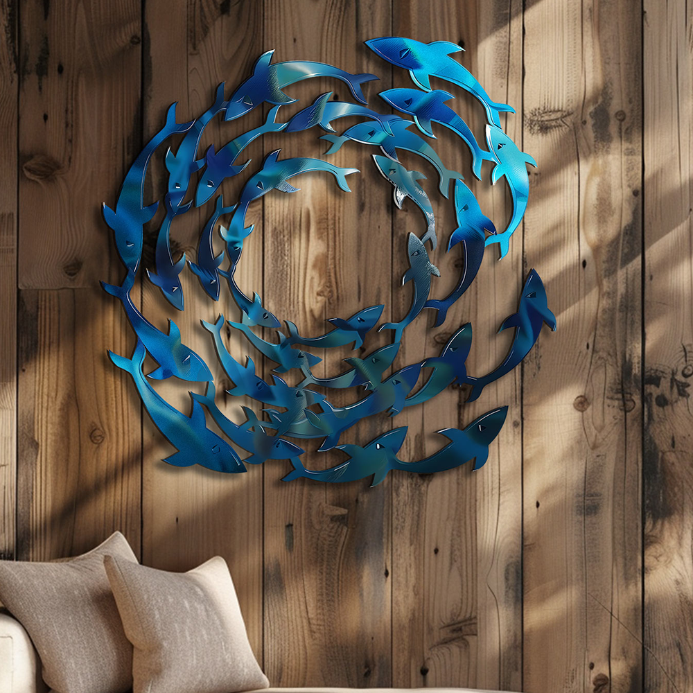 Circle School of Fish Metal Wall Art – UV Printed Coastal Decor Beach Indoor Outdoor