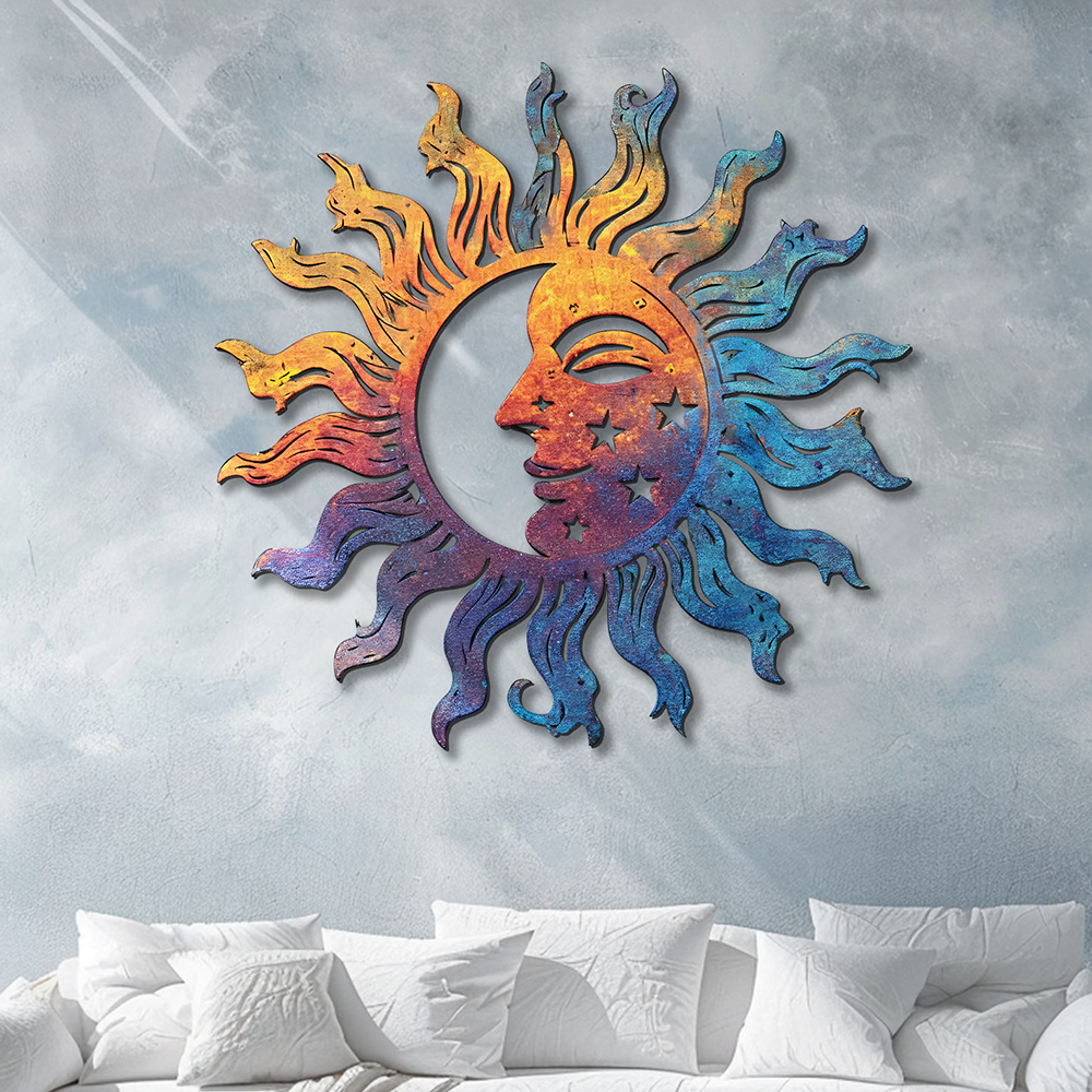 Colorful Sun Moon Metal Wall Art – UV Printed Aluminum Decor Boho Indoor Outdoor