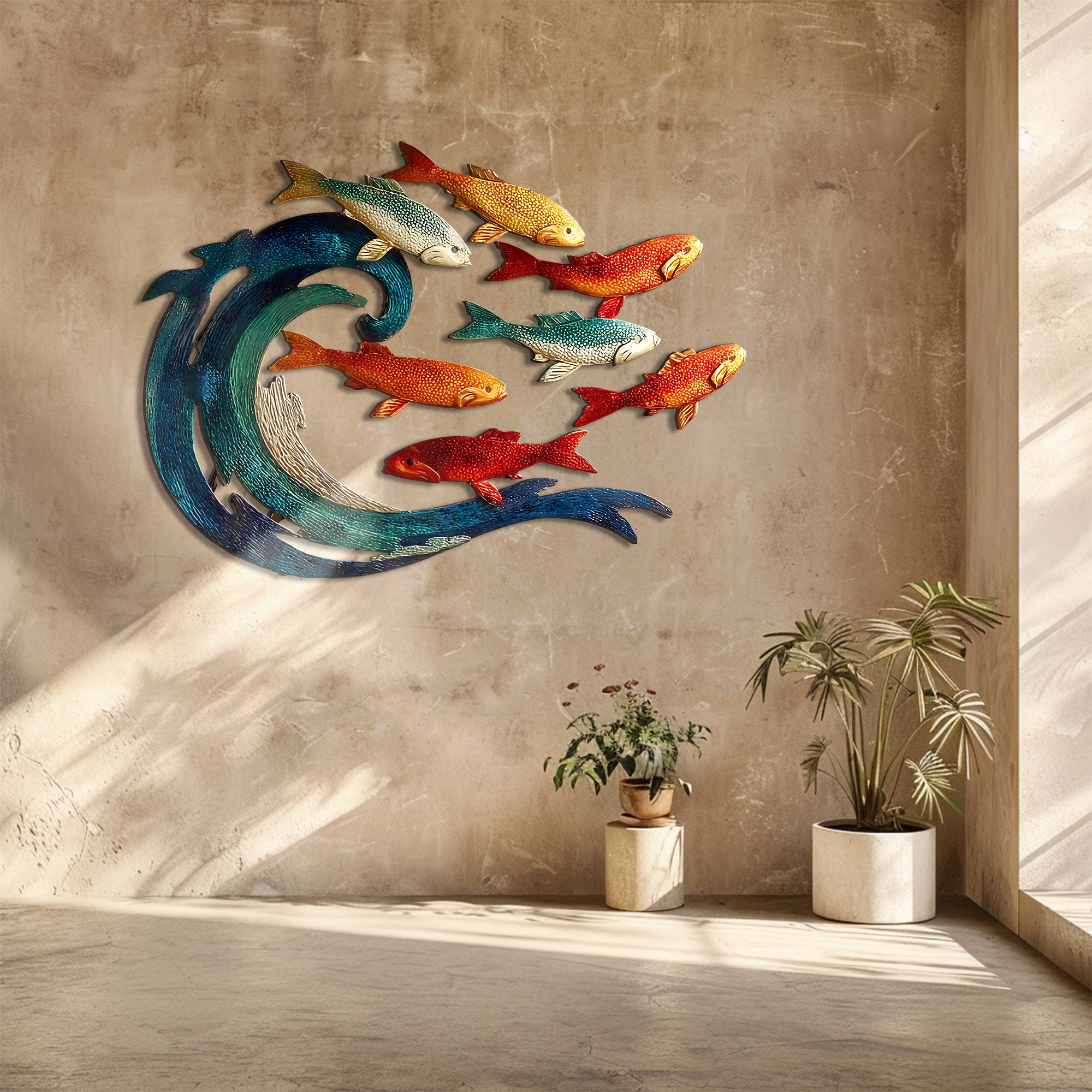 Wave School of Fish Metal Wall Art – UV Printed Coastal Decor Beach Indoor Outdoor