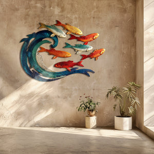 Wave School of Fish Metal Wall Art – UV Printed Coastal Decor Beach Indoor Outdoor