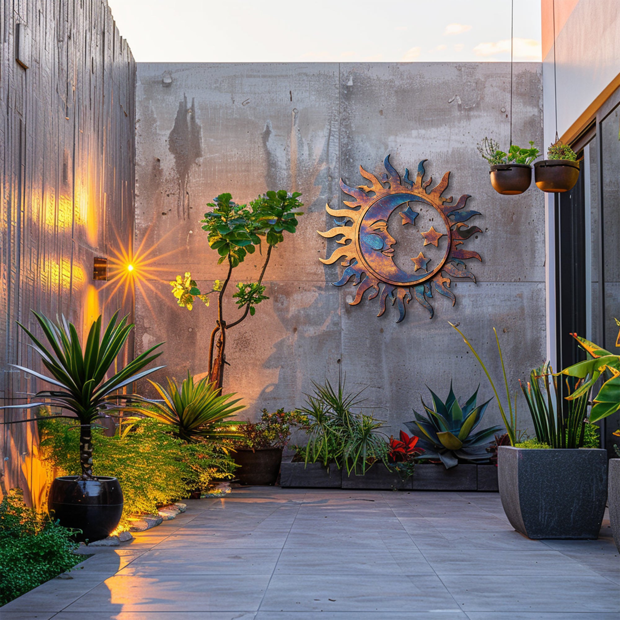 Blue Copper Sun Moon Star Metal Wall Art – UV Printed Decor Boho Indoor Outdoor