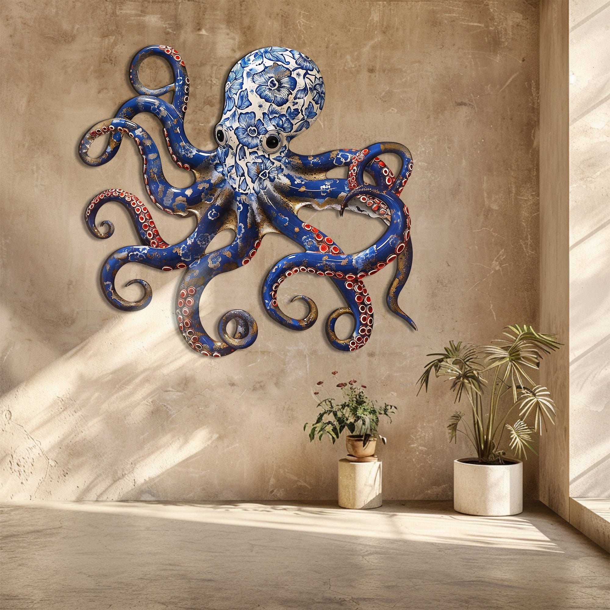 Blue Octopus Metal Wall Art – UV Printed Aluminum Coastal Decor Ocean Indoor Outdoor