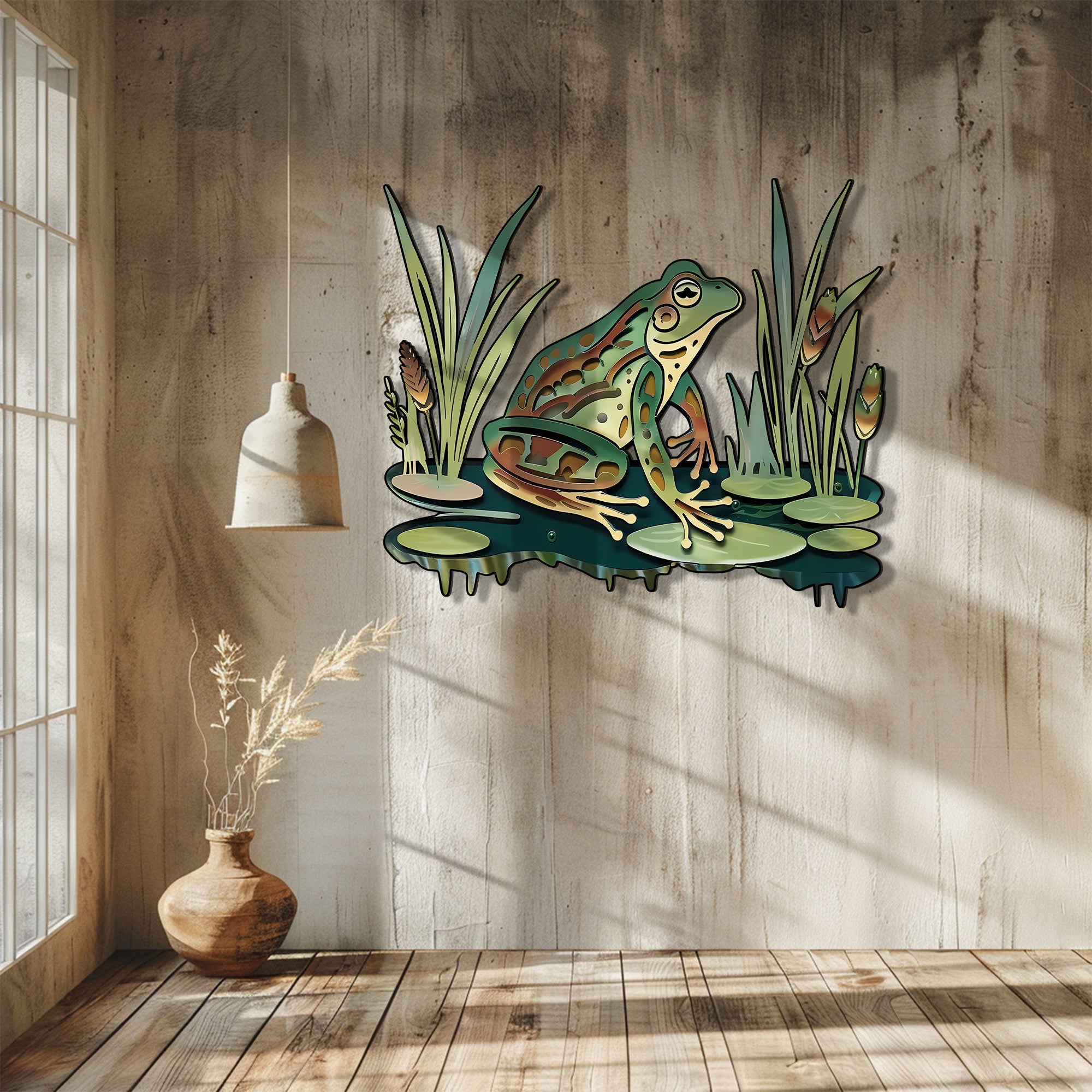 Frog Pond Metal Wall Art Lily Pad Nature Wall Decor Green Frog Garden Decor Rustic Wall Hanging