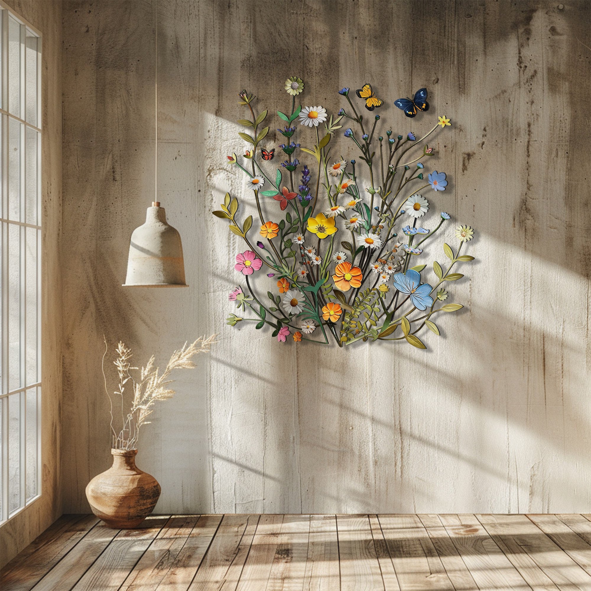Wildflower Butterfly Metal Wall Art – Floral Nature Decor Garden Indoor Outdoor