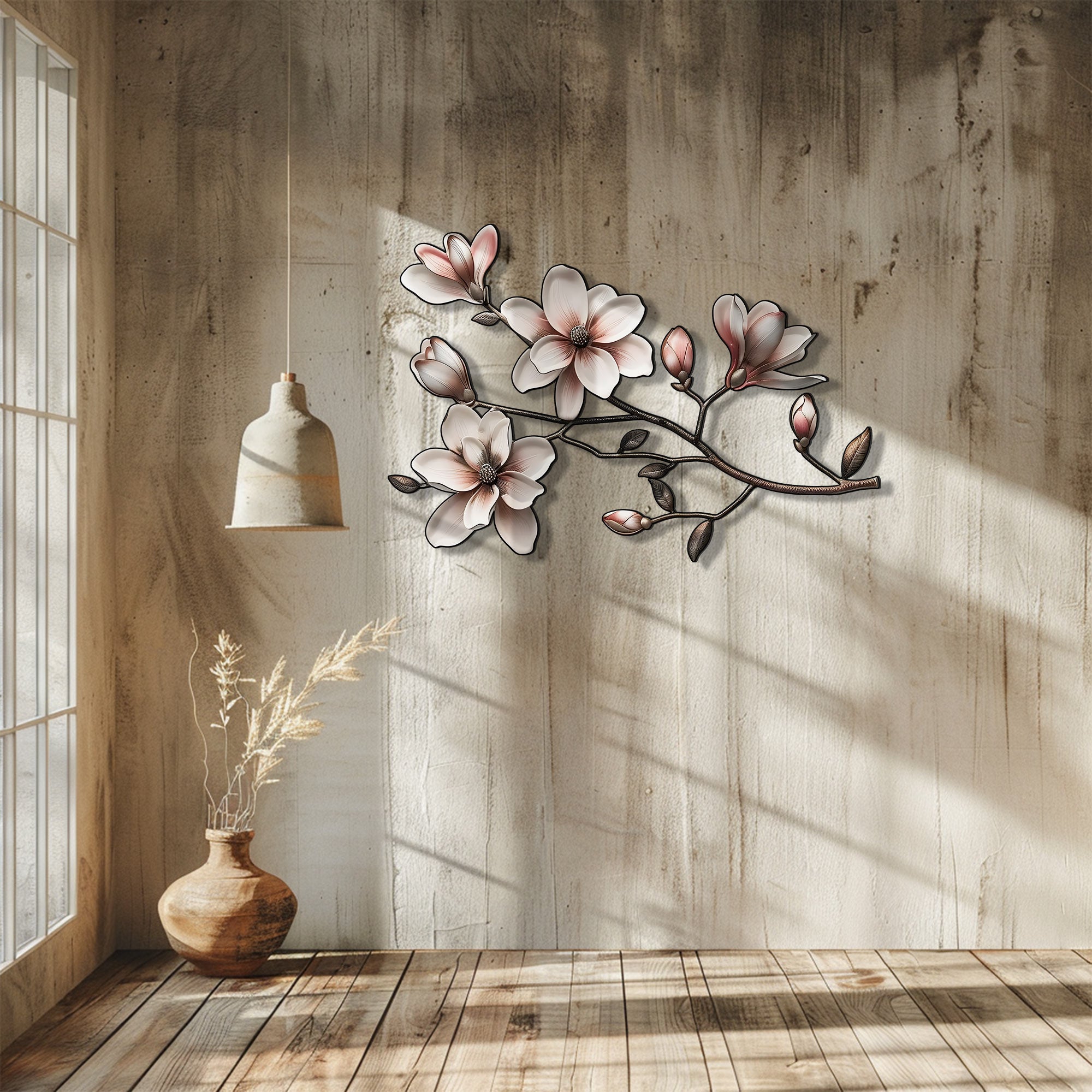Magnolia Flower Metal Wall Art Floral Branch Wall Decor Elegant Botanical Aluminum Wall Hanging Farmhouse Decor