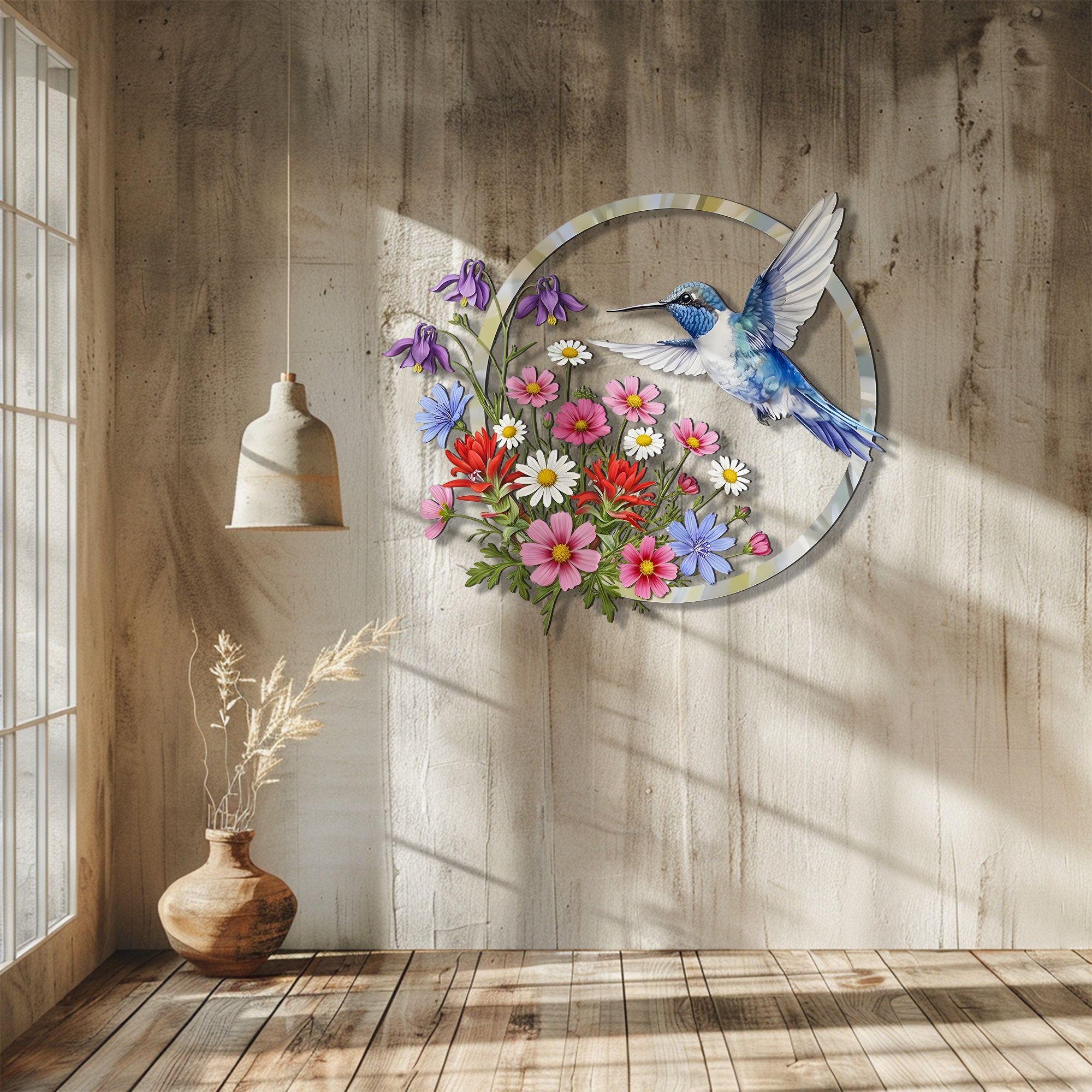 Hummingbird Floral Metal Wall Art – Wildflower Bird Decor Garden Indoor Outdoor