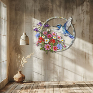 Hummingbird Floral Metal Wall Art – Wildflower Bird Decor Garden Indoor Outdoor