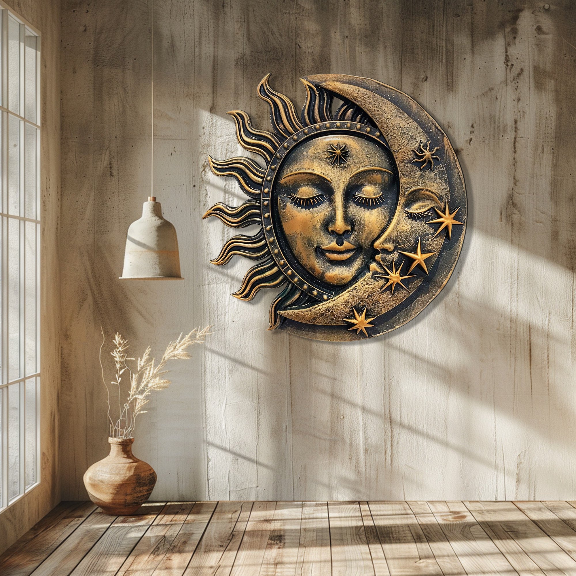 Sun Moon Metal Wall Art Celestial Decor – Boho Sun and Moon Wall Hanging Rustic Astrology Wall Art Home Decor