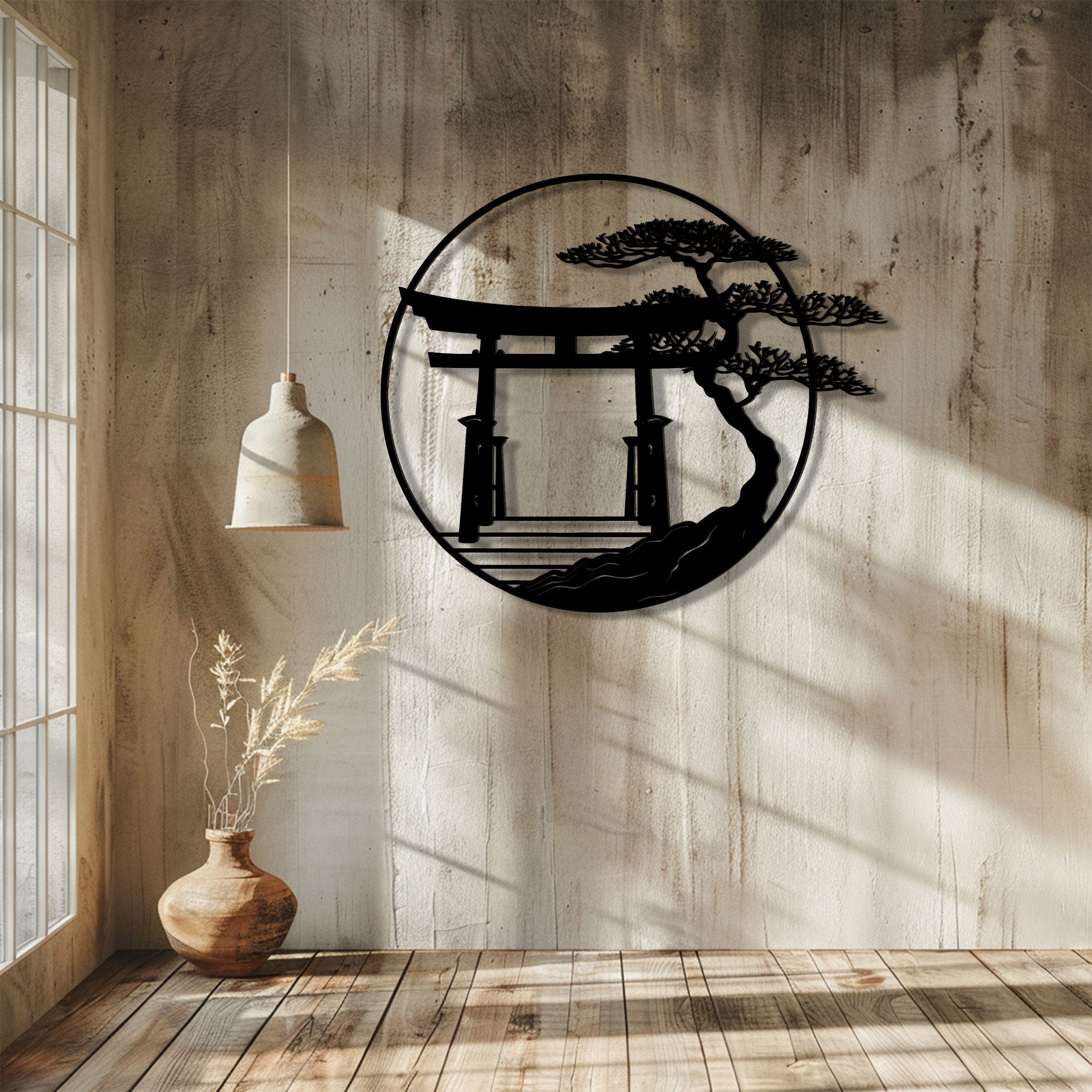 Japanese Torii Gate Metal Wall Art Zen Decor – Minimalist Asian Wall Hanging Bonsai Tree Home Decor