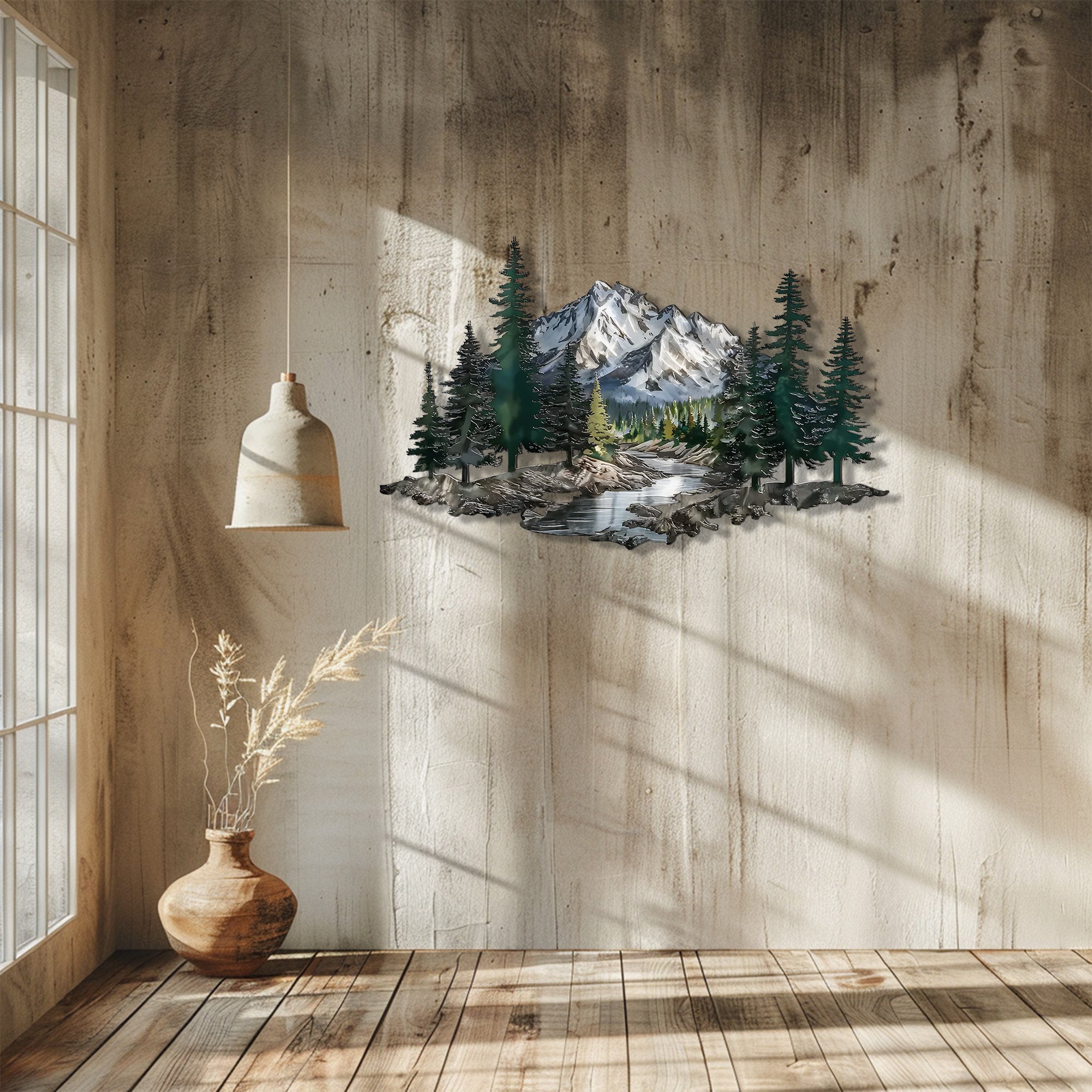 Mountain Wall Art – Forest River Landscape Metal Decor V2