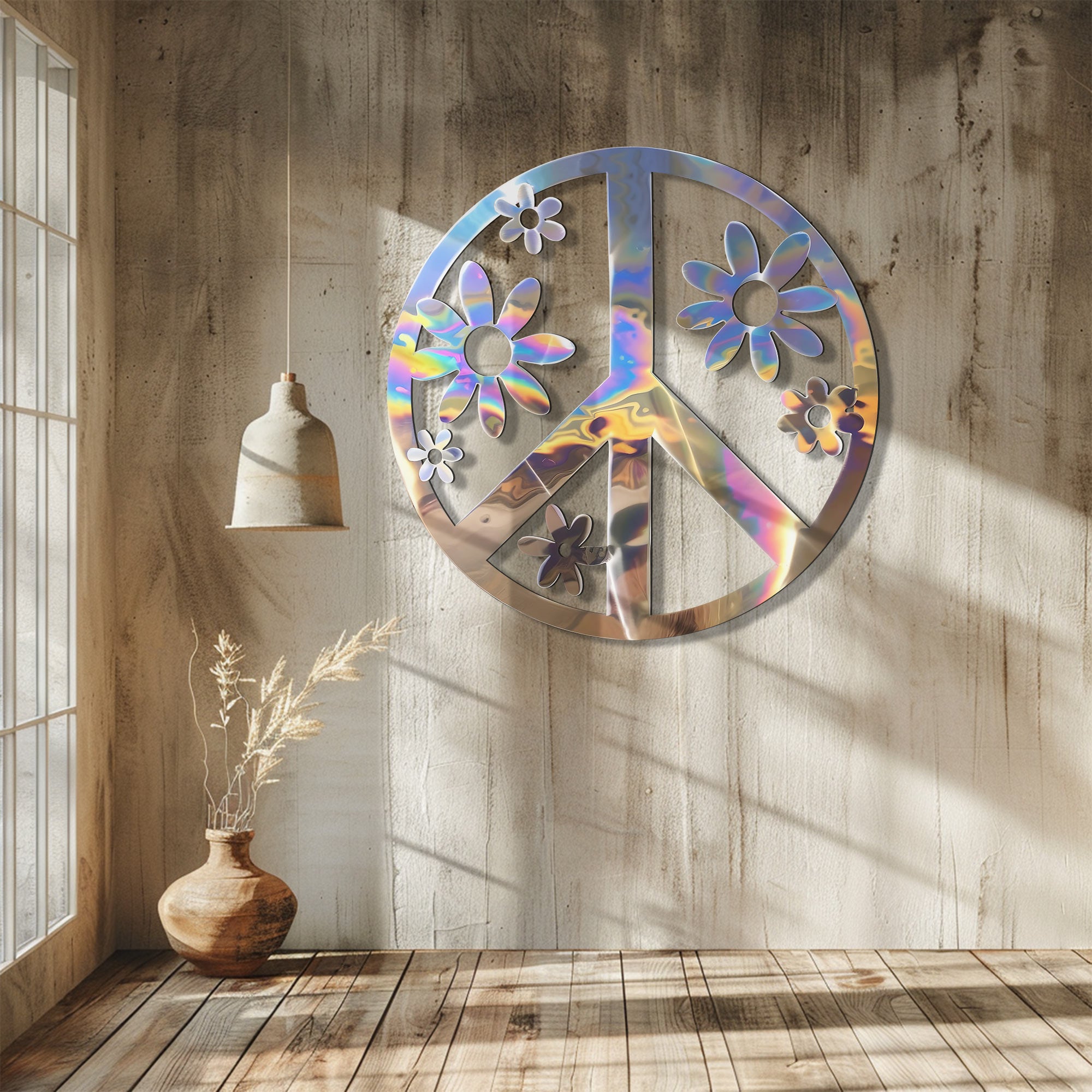 Peace Sign Wall Art – Boho Floral Metal Decor