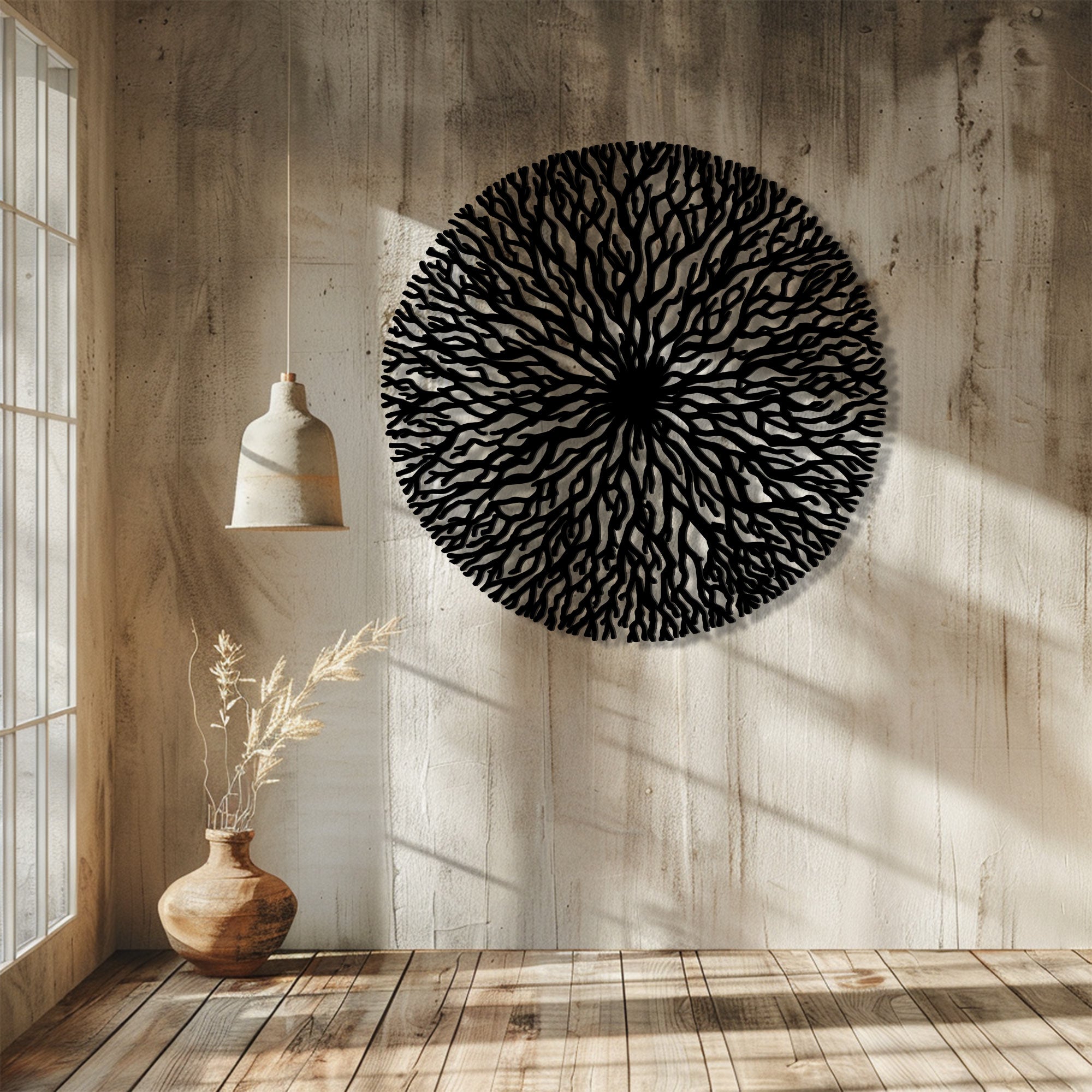Abstract Tree Of Life Metal Wall Art Modern Circular Wall Decor Black Nature Wall Hanging Boho Artwork