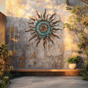 Turquoise Sun Metal Wall Art – UV Printed Aluminum Decor for Indoor &amp; Outdoor