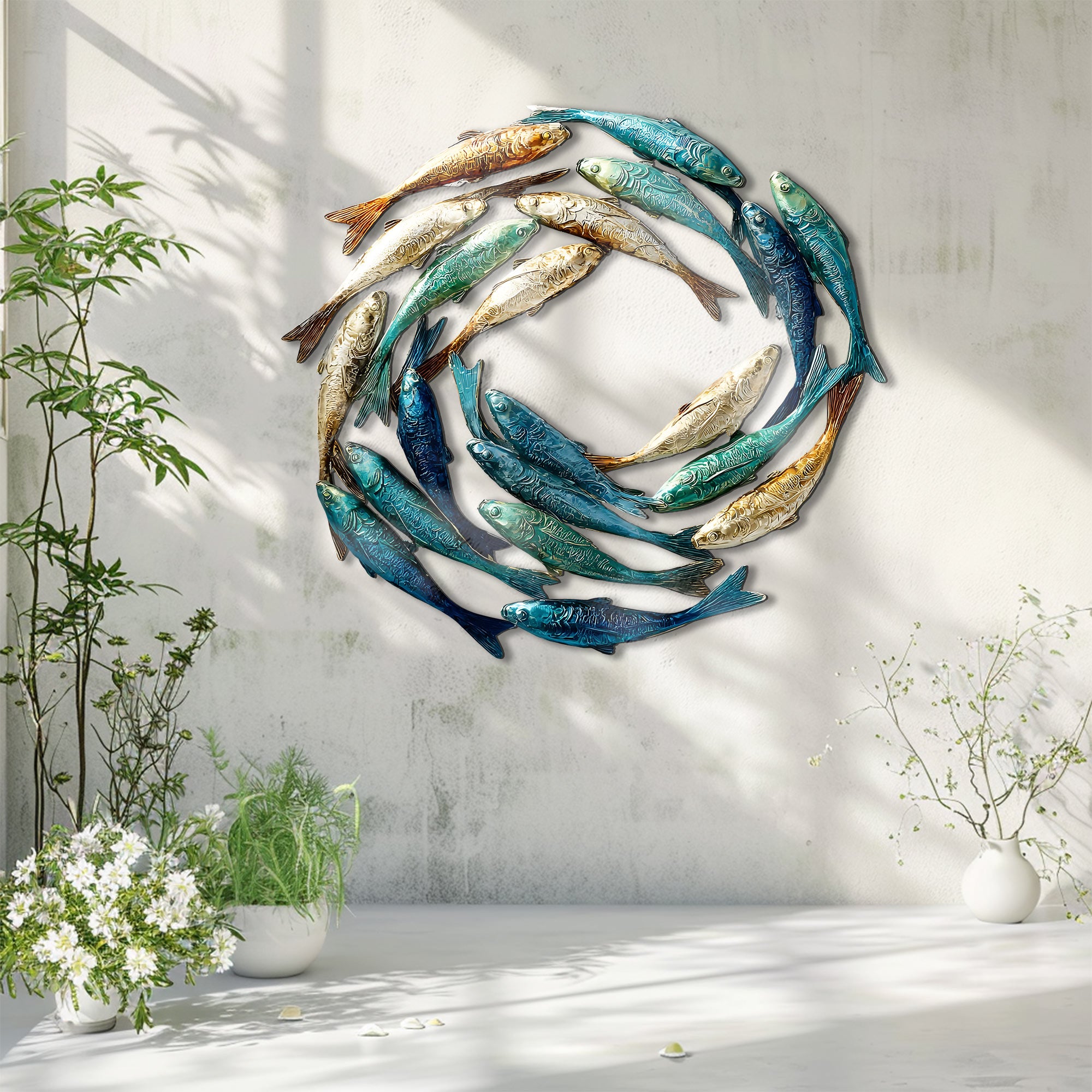 Circle School of Fish Metal Wall Art Coastal – UV Printed Decor Beach Indoor Outdoor
