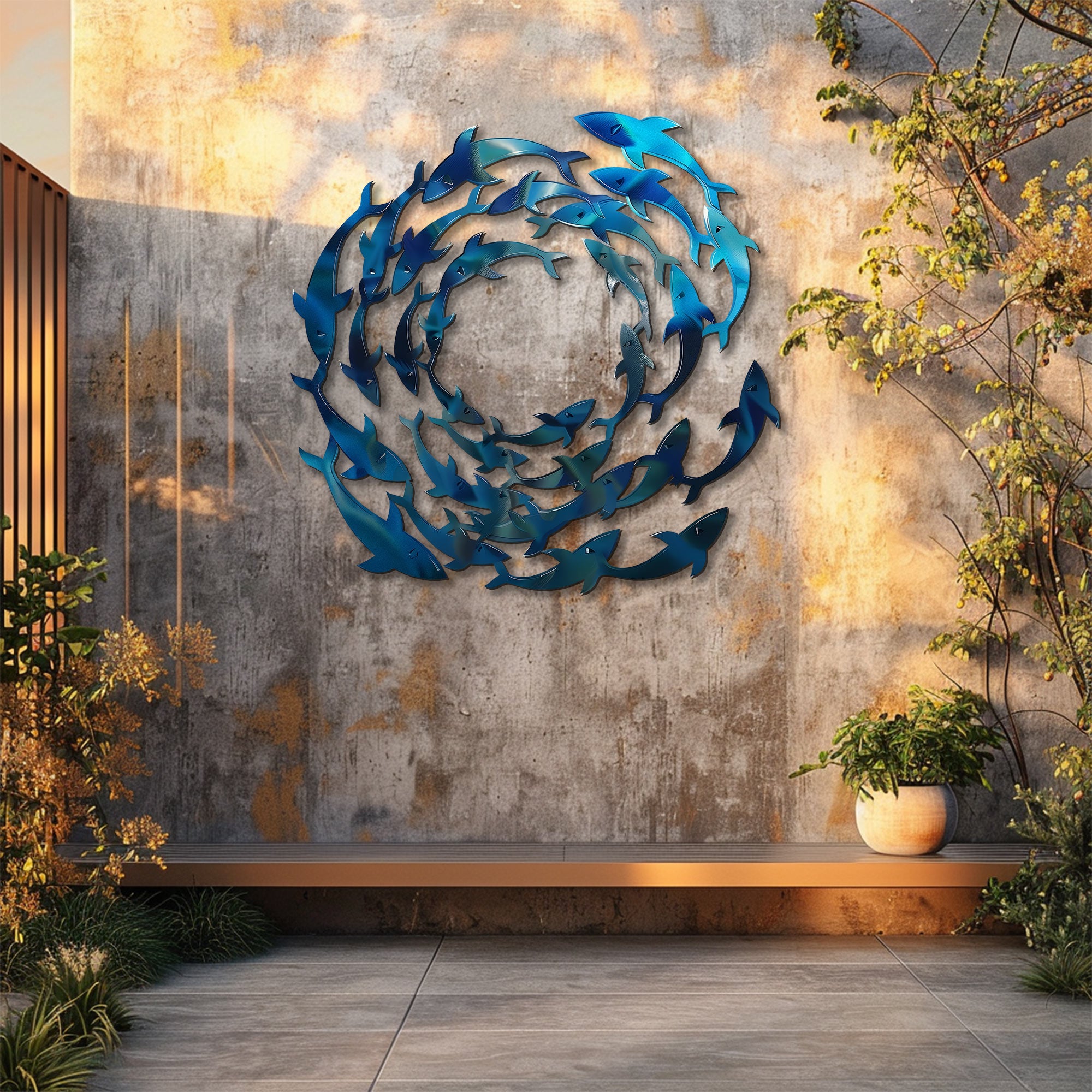 Circle School of Fish Metal Wall Art – UV Printed Coastal Decor Beach Indoor Outdoor