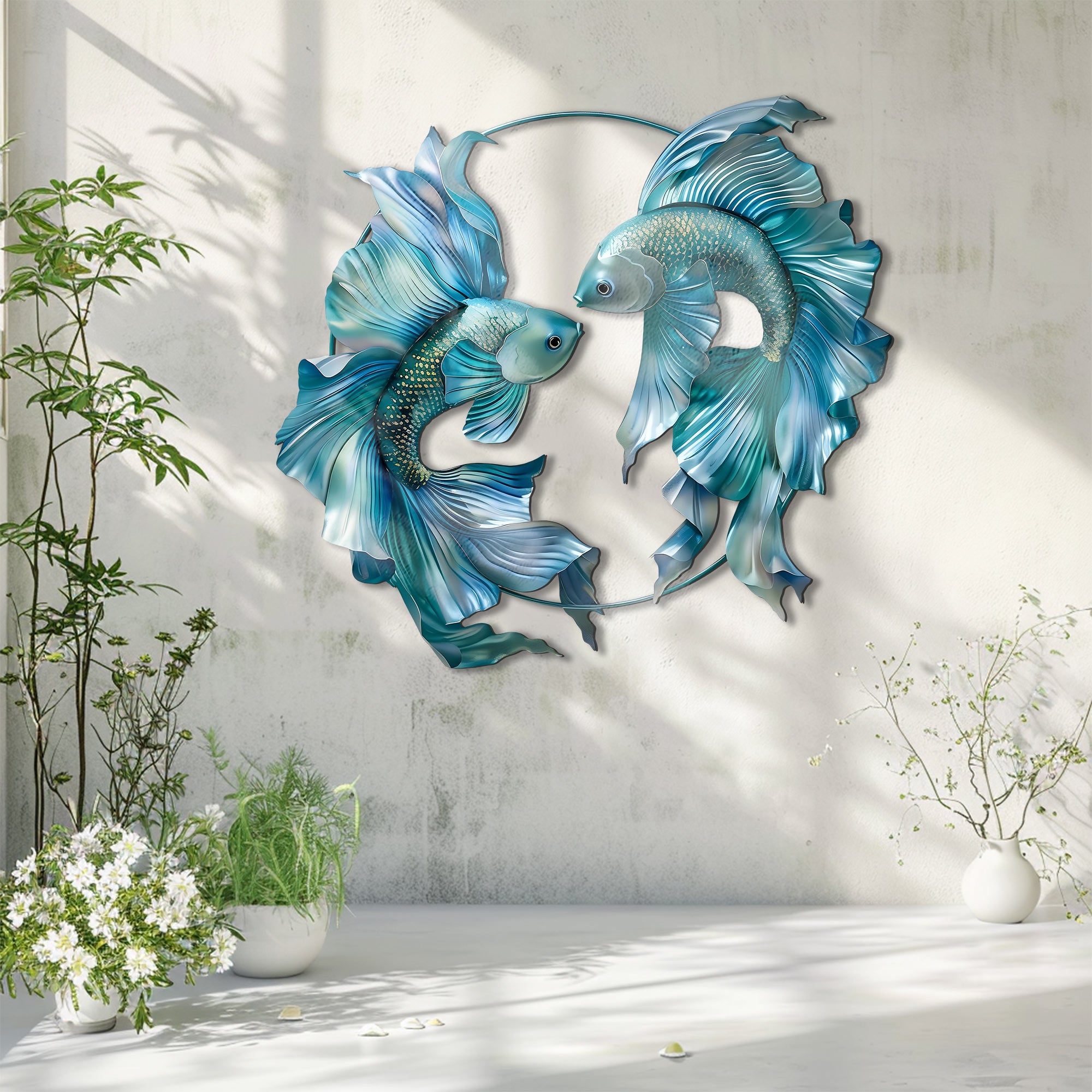 Blue Betta Fish Metal Wall Art – UV Printed Aluminum Coastal Decor Yin Yang Indoor Outdoor