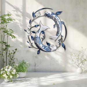 Blue White Koi Fish Metal Wall Art – UV Printed Aluminum Decor Feng Shui Zen Indoor Outdoor