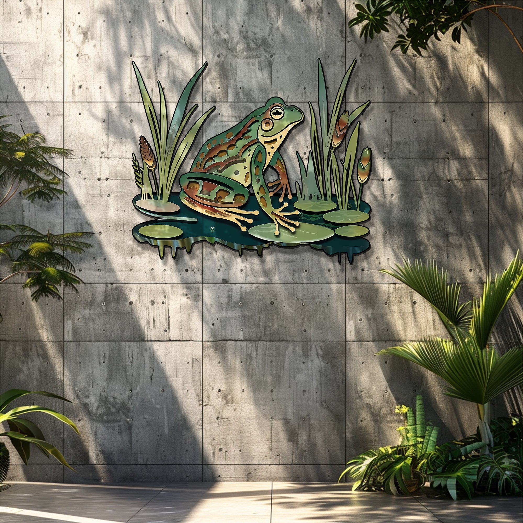 Frog Pond Metal Wall Art Lily Pad Nature Wall Decor Green Frog Garden Decor Rustic Wall Hanging