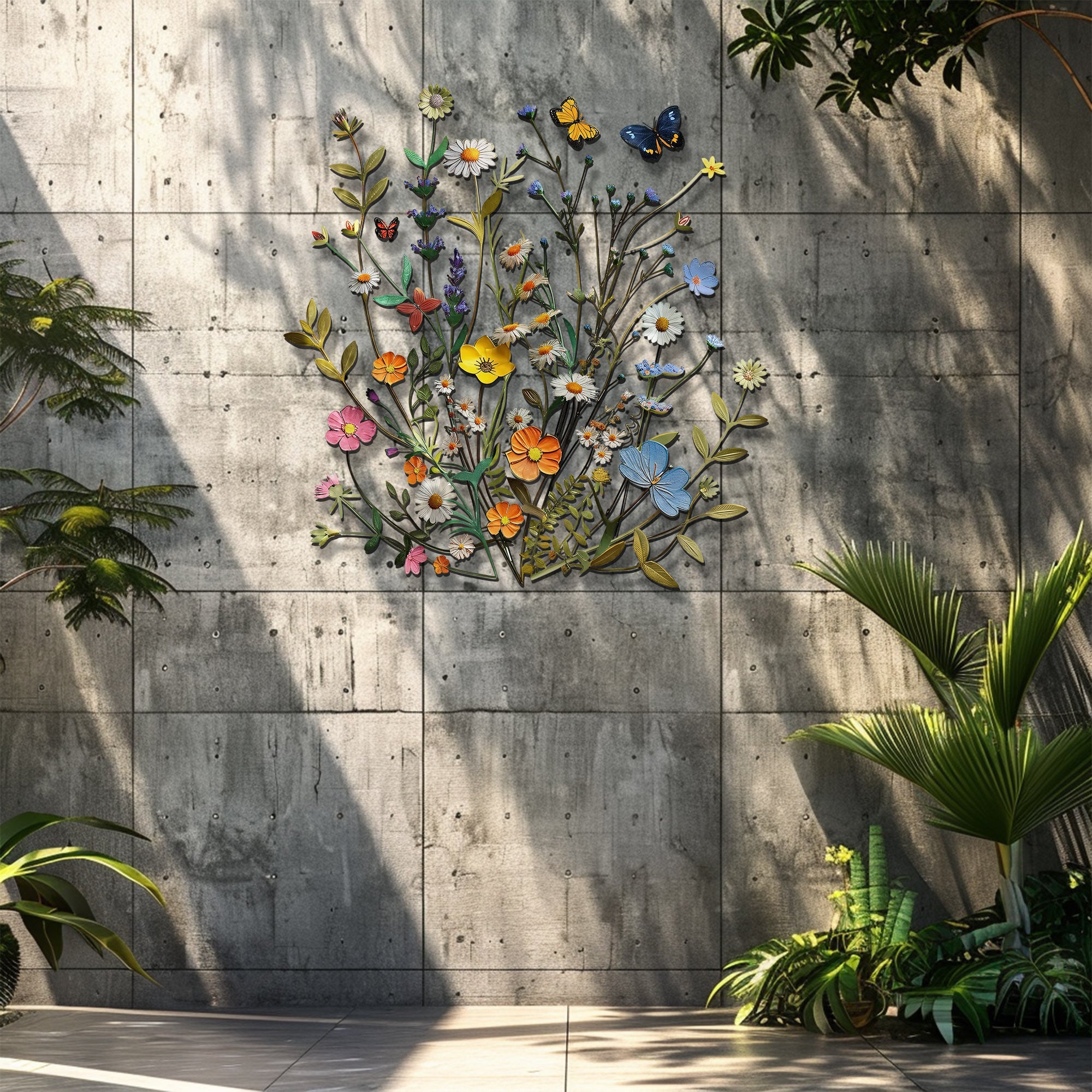 Wildflower Butterfly Metal Wall Art – Floral Nature Decor Garden Indoor Outdoor