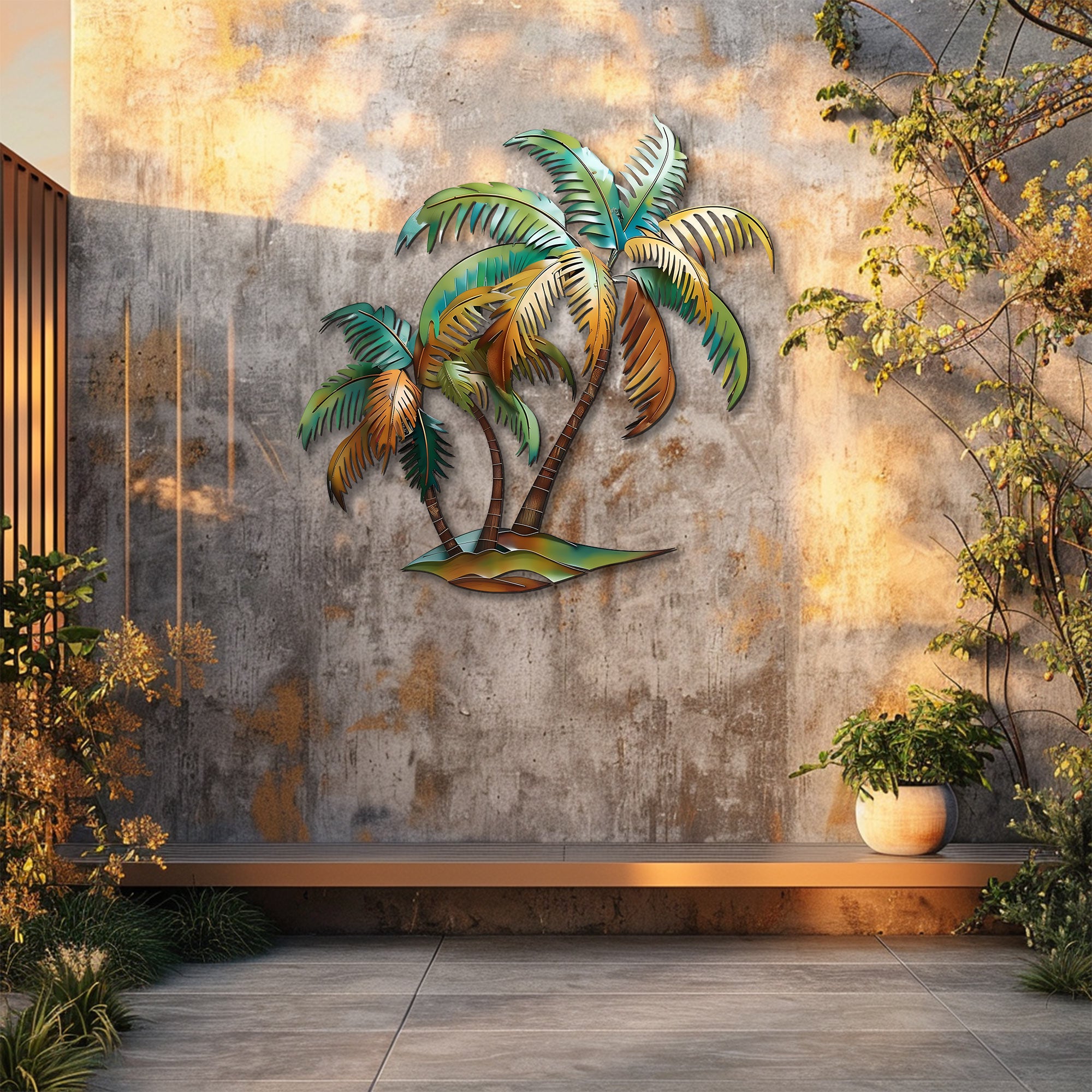 Palm Tree Metal Wall Art Sunset Beach Decor – Coastal Island Wall Hanging Rustic Summer Wall Art Home Decor V1