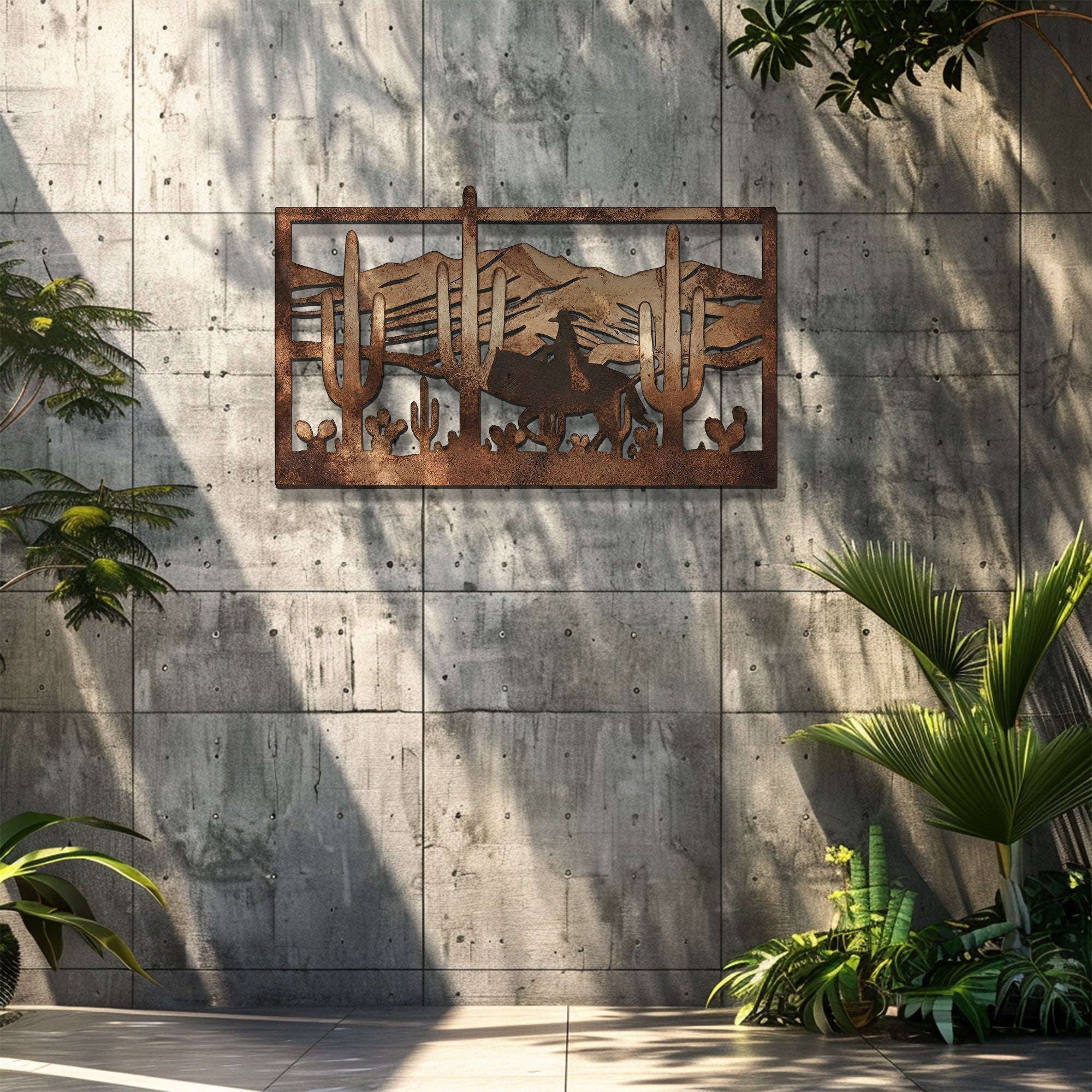 Western Cowboy Metal Wall Art – Desert Cactus Horse Decor Rustic Ranch Outdoor Indoor