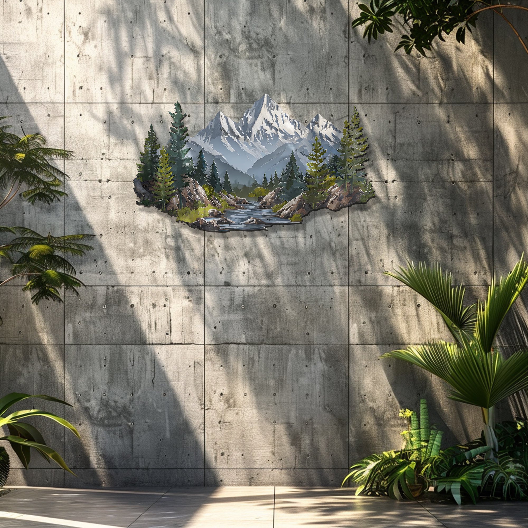 Mountain Wall Art – Forest River Landscape Metal Decor V3