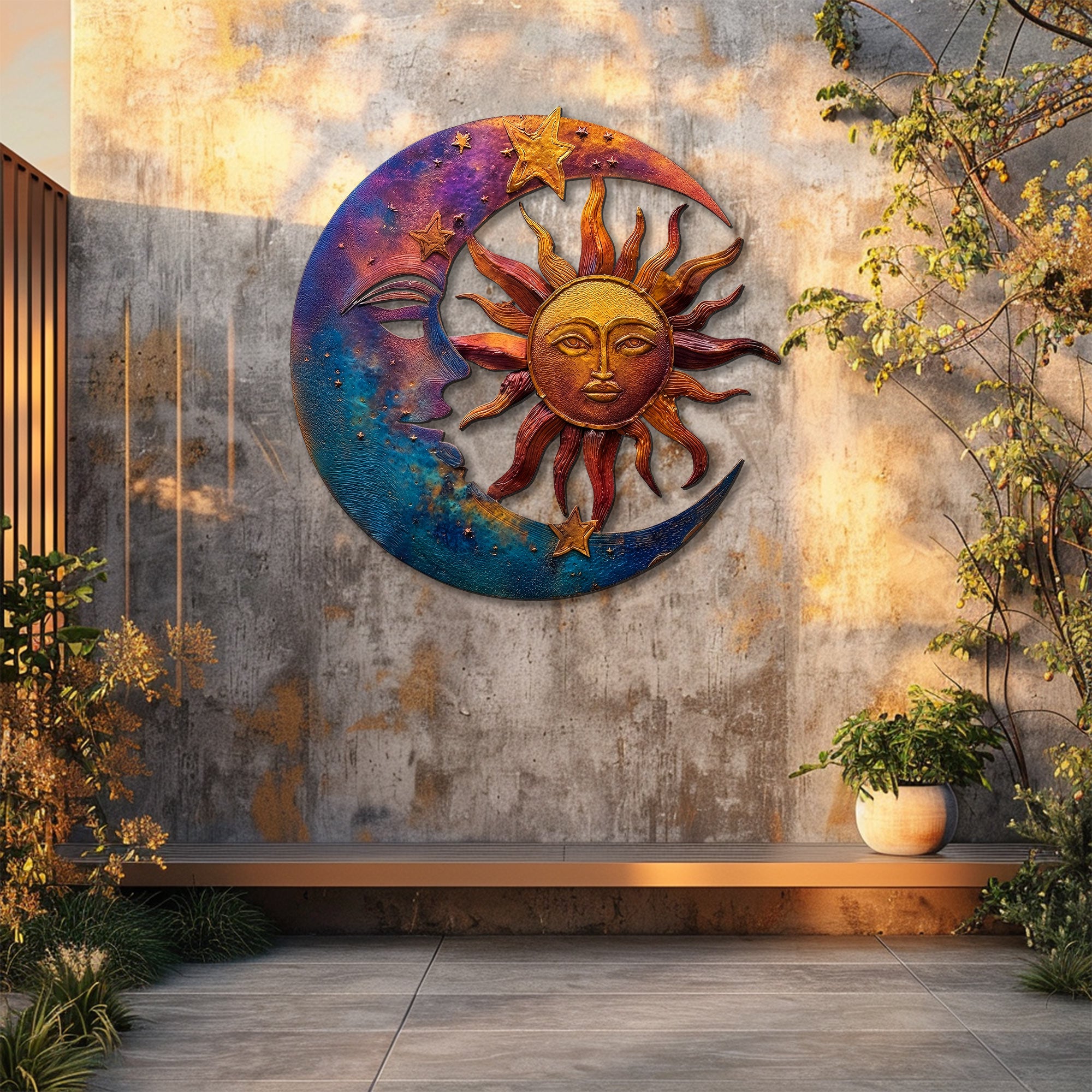 Sun Moon Celestial Metal Wall Art – Boho Sun and Moon Wall Hanging Rustic Astrology Wall Art Home Decor