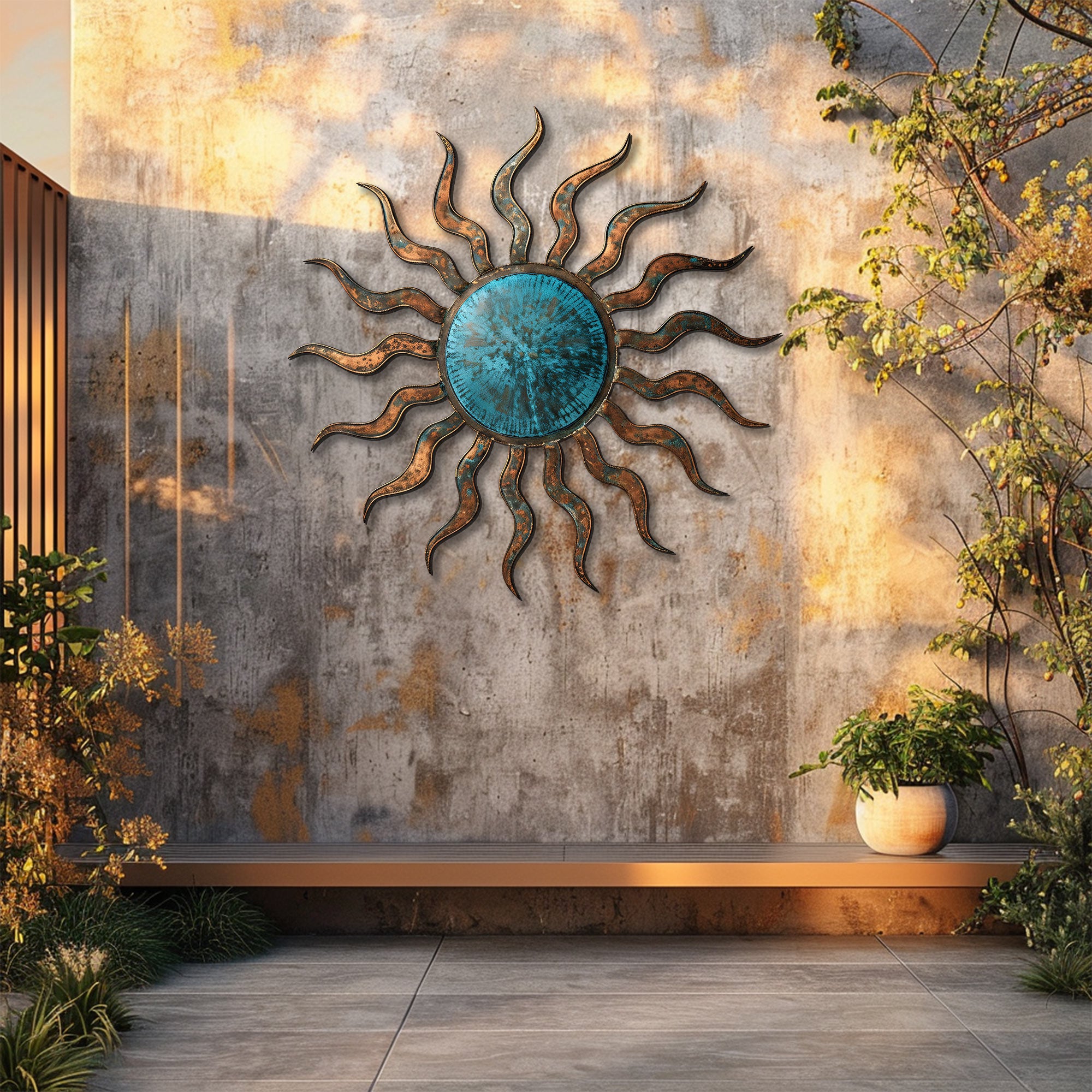 Turquoise Rustic Sun Metal Wall – UV Printed Aluminum Decor Custom Coastal Indoor Outdoor