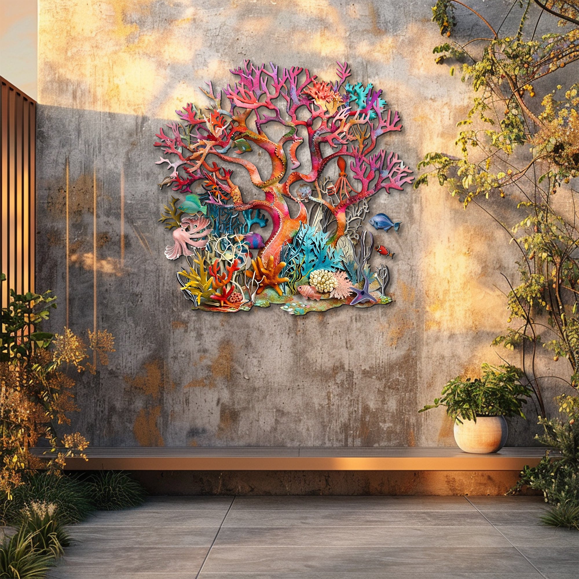 Pink Coral School of Fish Metal Wall Art – UV Printed Coastal Decor Beach Indoor Outdoor