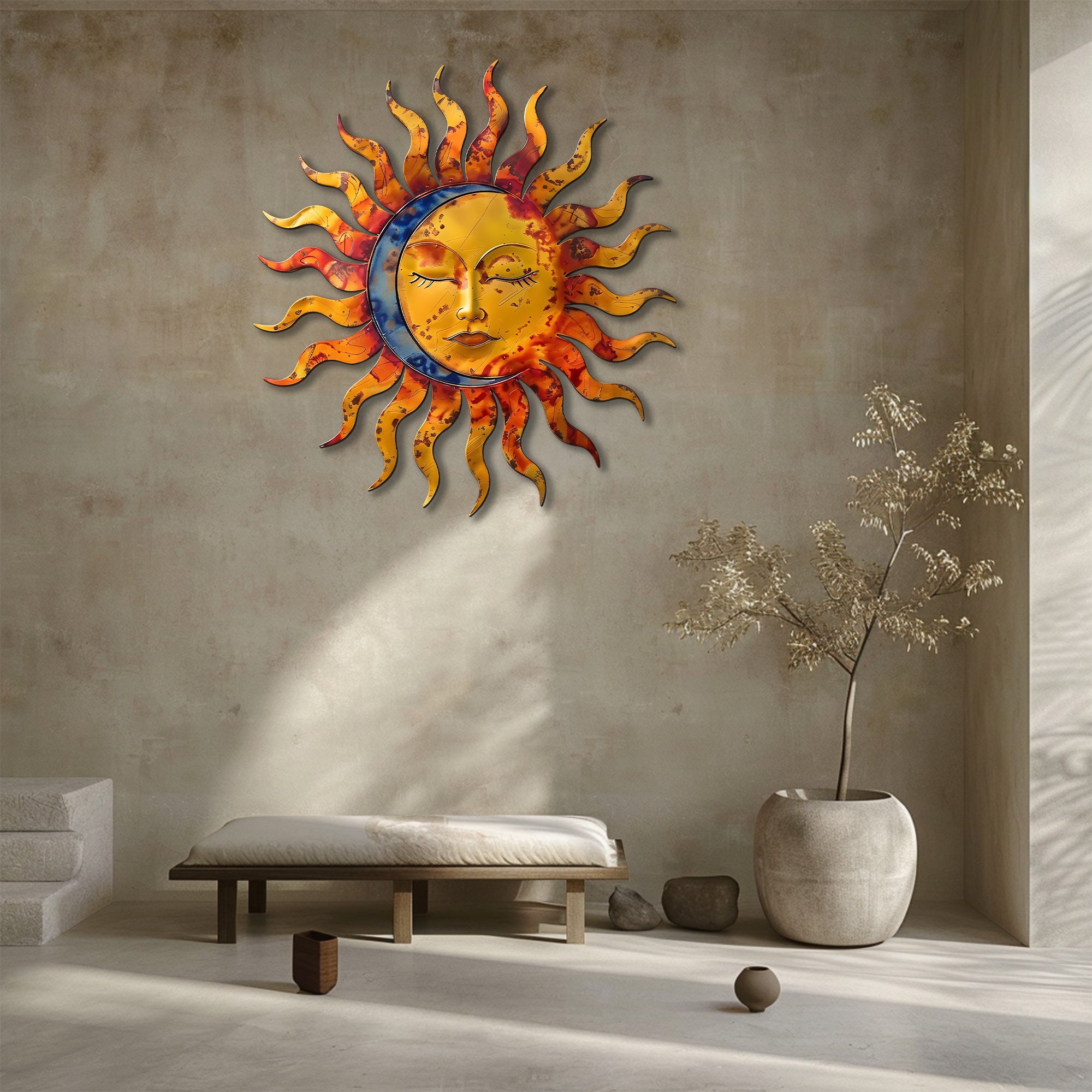 Sunburst Moon Metal Wall Art – UV Printed Aluminum Decor Custom Rustic Indoor Outdoor