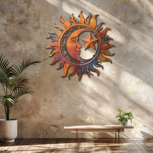 Rustic Sun Moon Star Metal Wall Art – UV Printed Decor Boho Indoor Outdoor