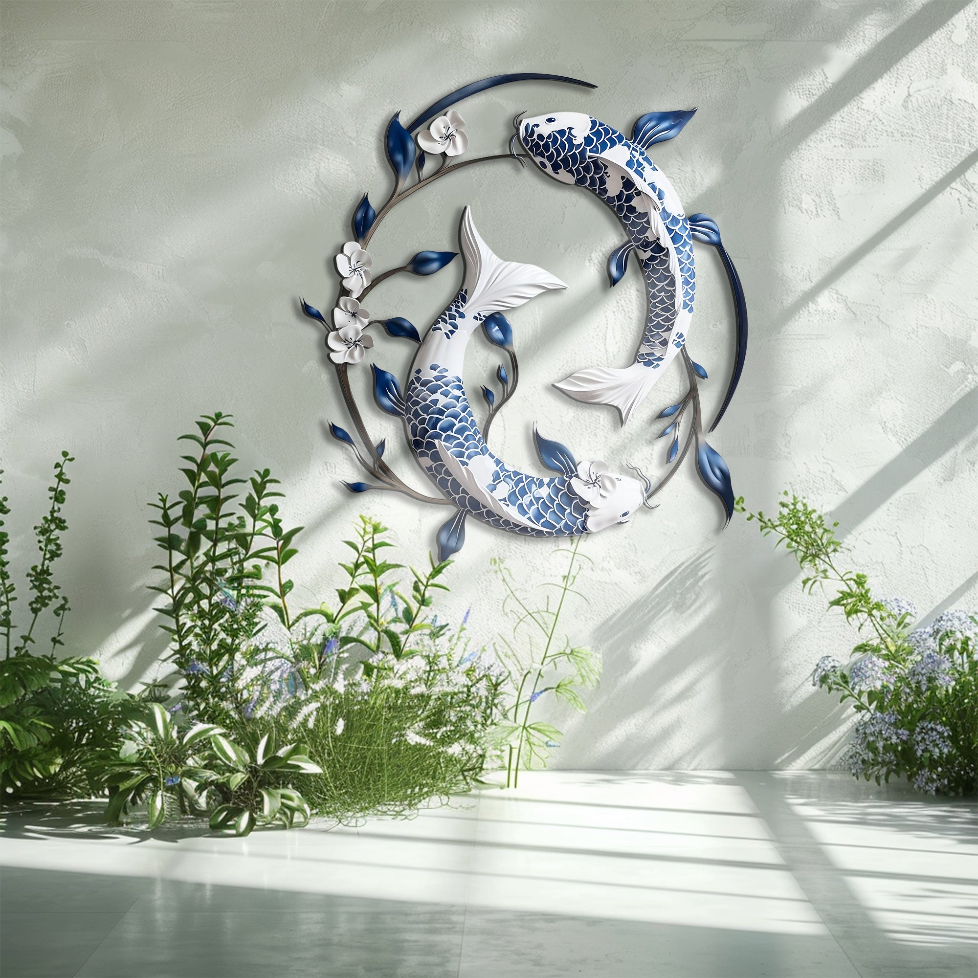Blue White Koi Fish Metal Wall Art – UV Printed Aluminum Decor Feng Shui Zen Indoor Outdoor