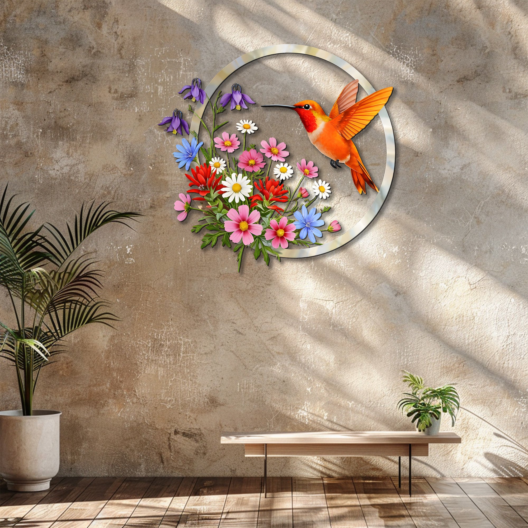 Hummingbird Floral Metal Wall Art – UV Printed Nature Decor Garden Indoor Outdoor