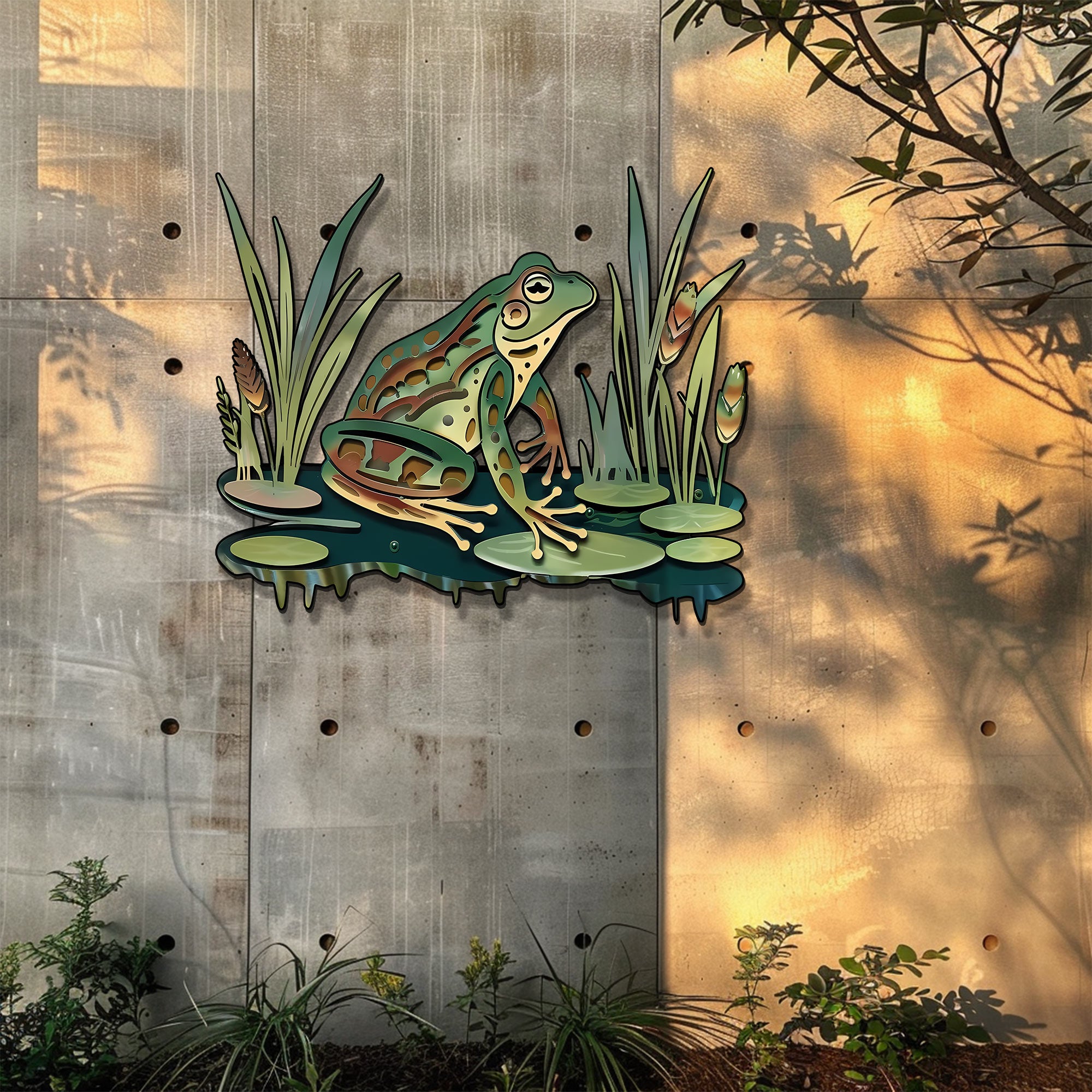 Frog Pond Metal Wall Art Lily Pad Nature Wall Decor Green Frog Garden Decor Rustic Wall Hanging