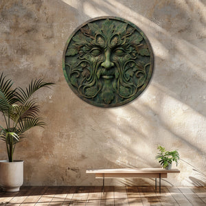 Green Man Face Metal Wall Art – UV Printed Aluminum Forest Spirit Garden Decor Indoor Outdoor