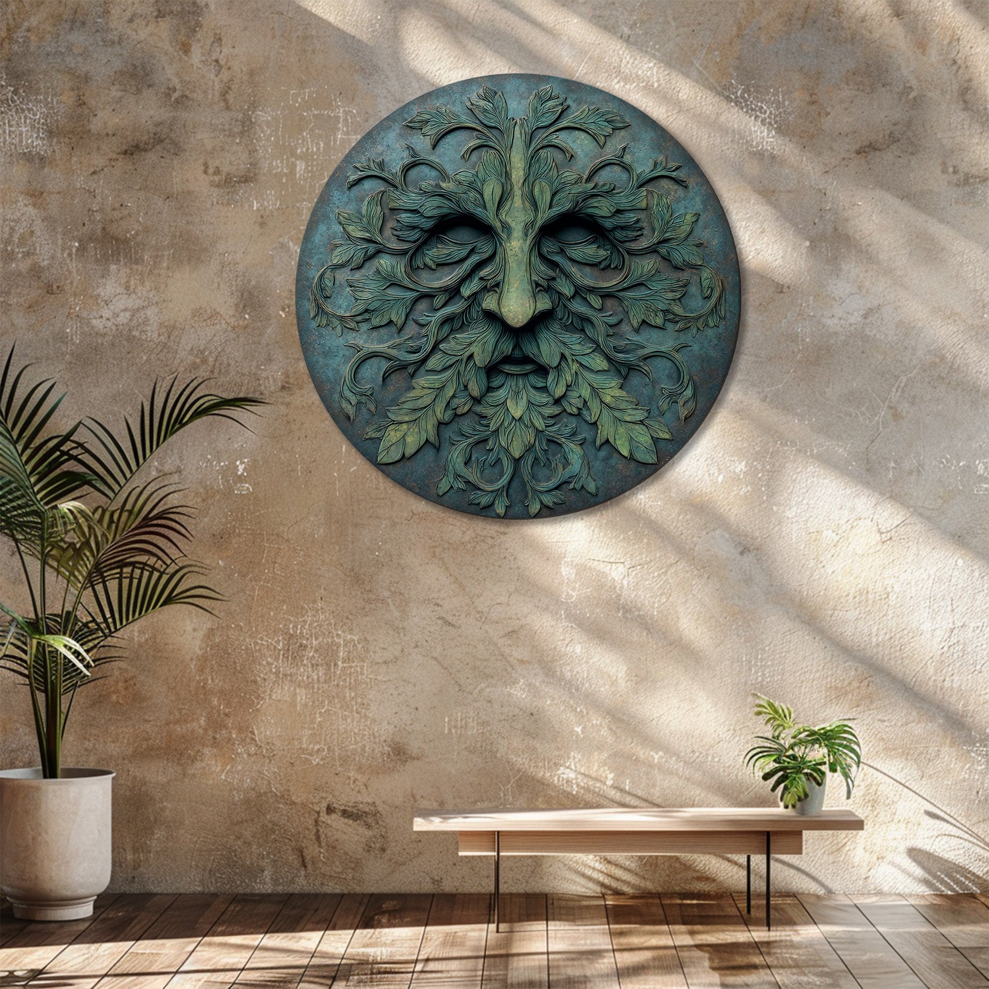 Green Man Face Metal Wall Art – UV Printed Aluminum Forest Spirit Garden Decor Indoor Outdoor V2