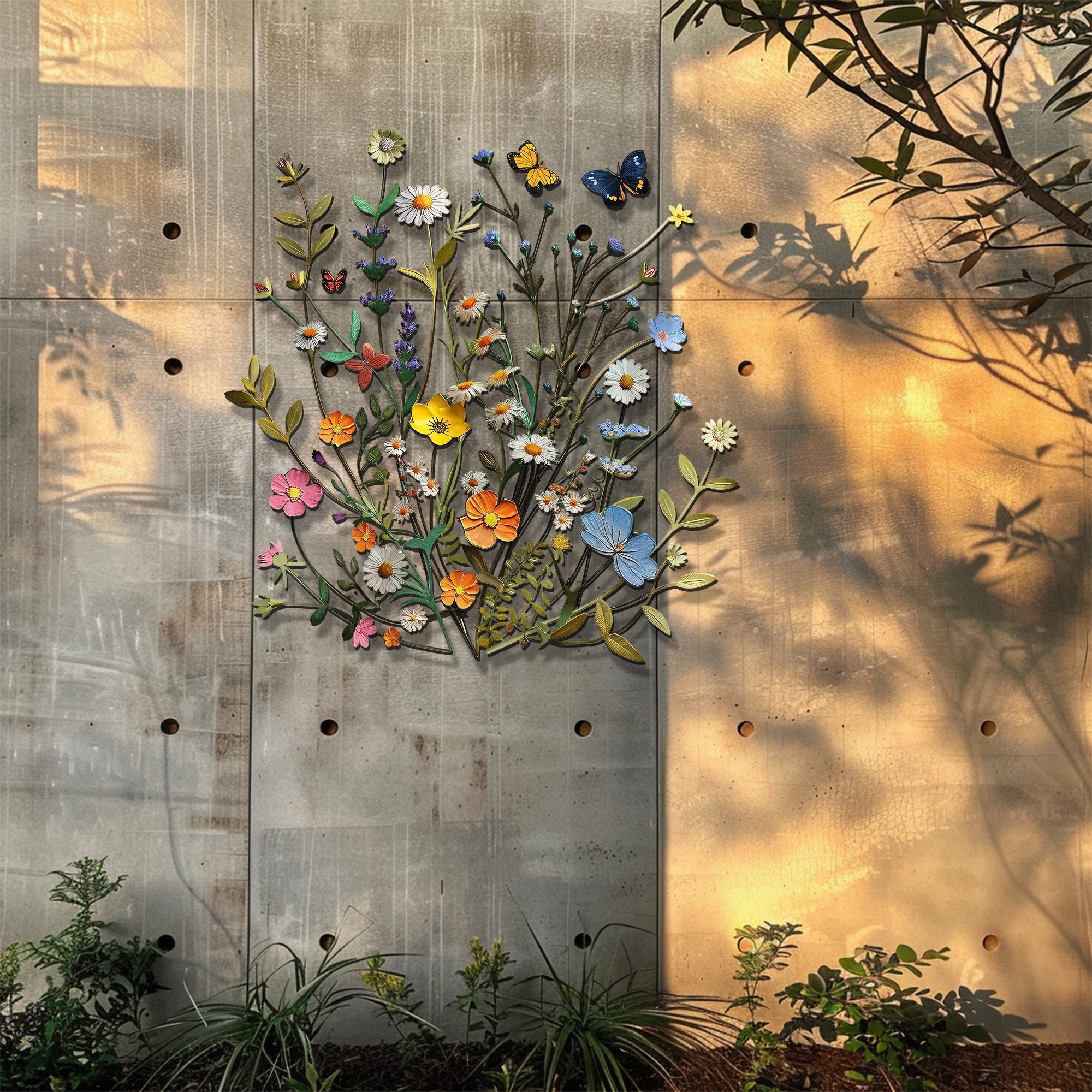 Wildflower Butterfly Metal Wall Art – Floral Nature Decor Garden Indoor Outdoor