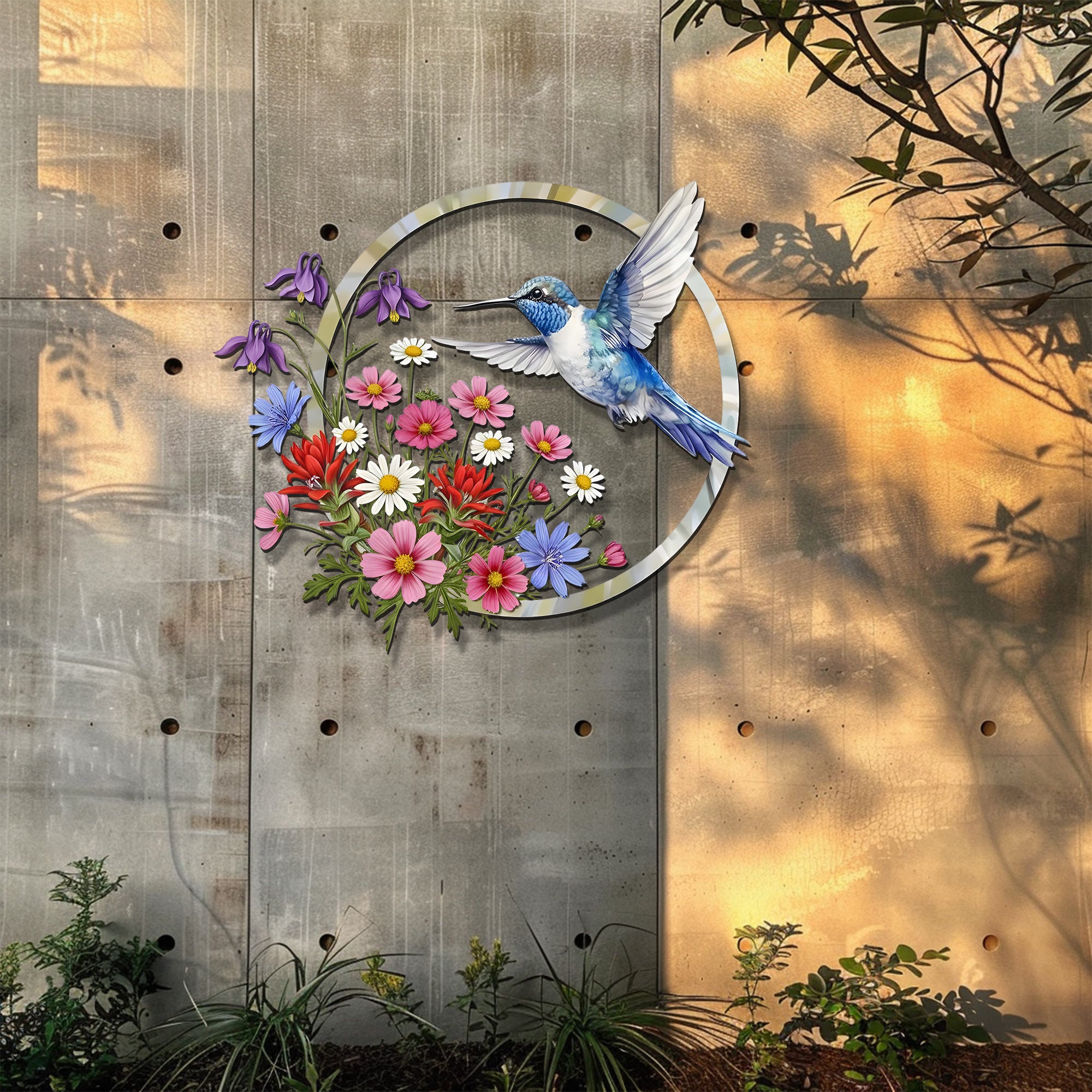 Hummingbird Floral Metal Wall Art – Wildflower Bird Decor Garden Indoor Outdoor