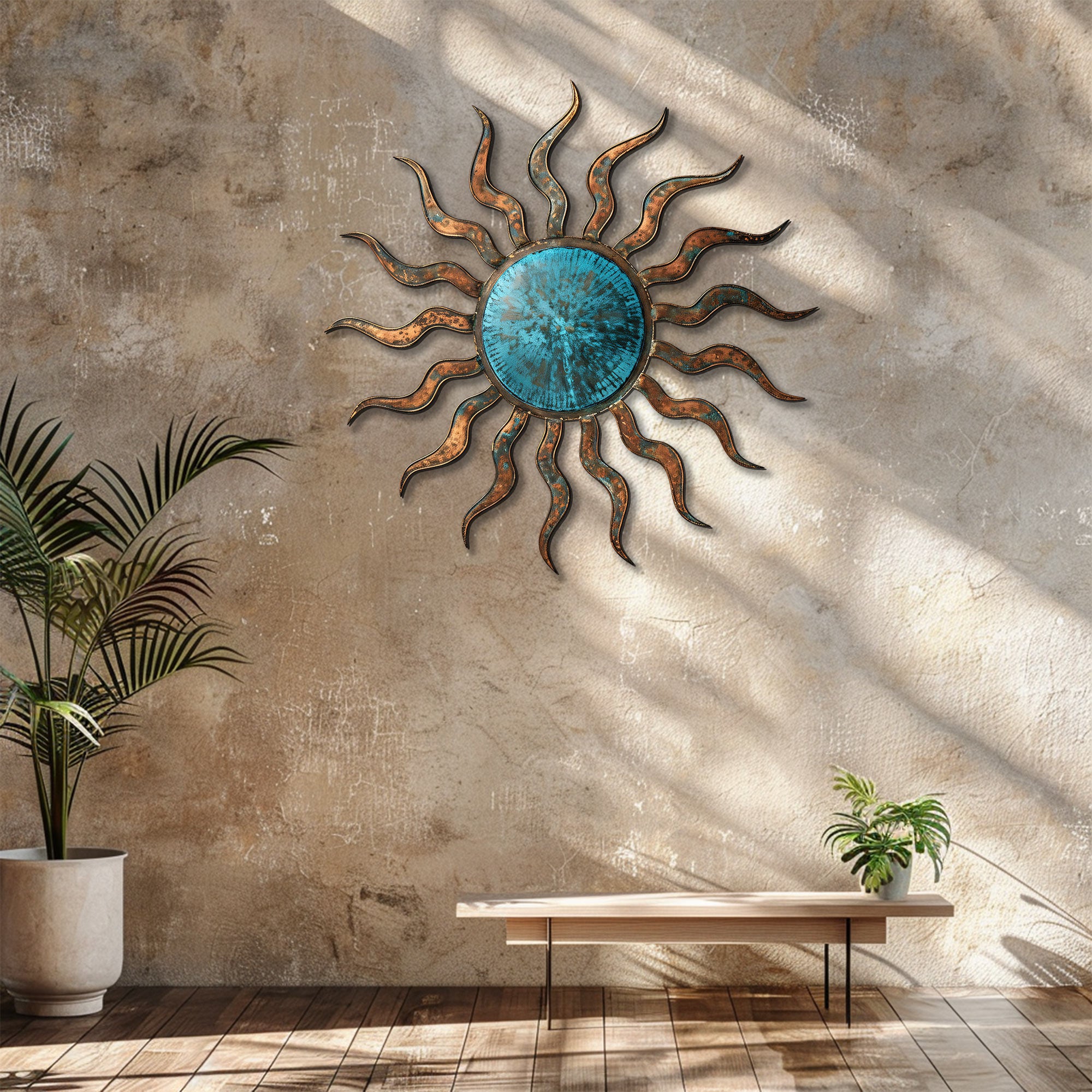 Turquoise Rustic Sun Metal Wall – UV Printed Aluminum Decor Custom Coastal Indoor Outdoor